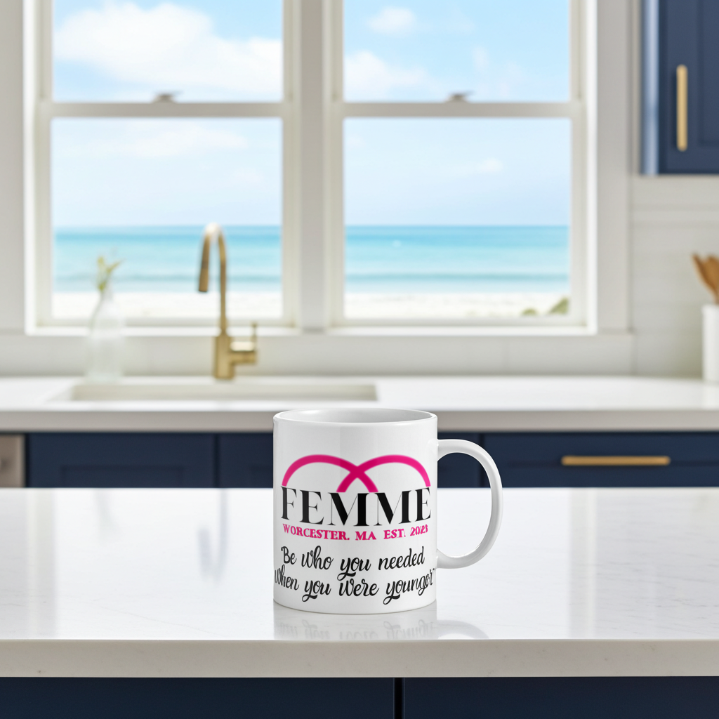 Femme Classic Mug lifestyle — Femme Bar ceramic mug on kitchen counter, lesbian bar Worcester MA merch
