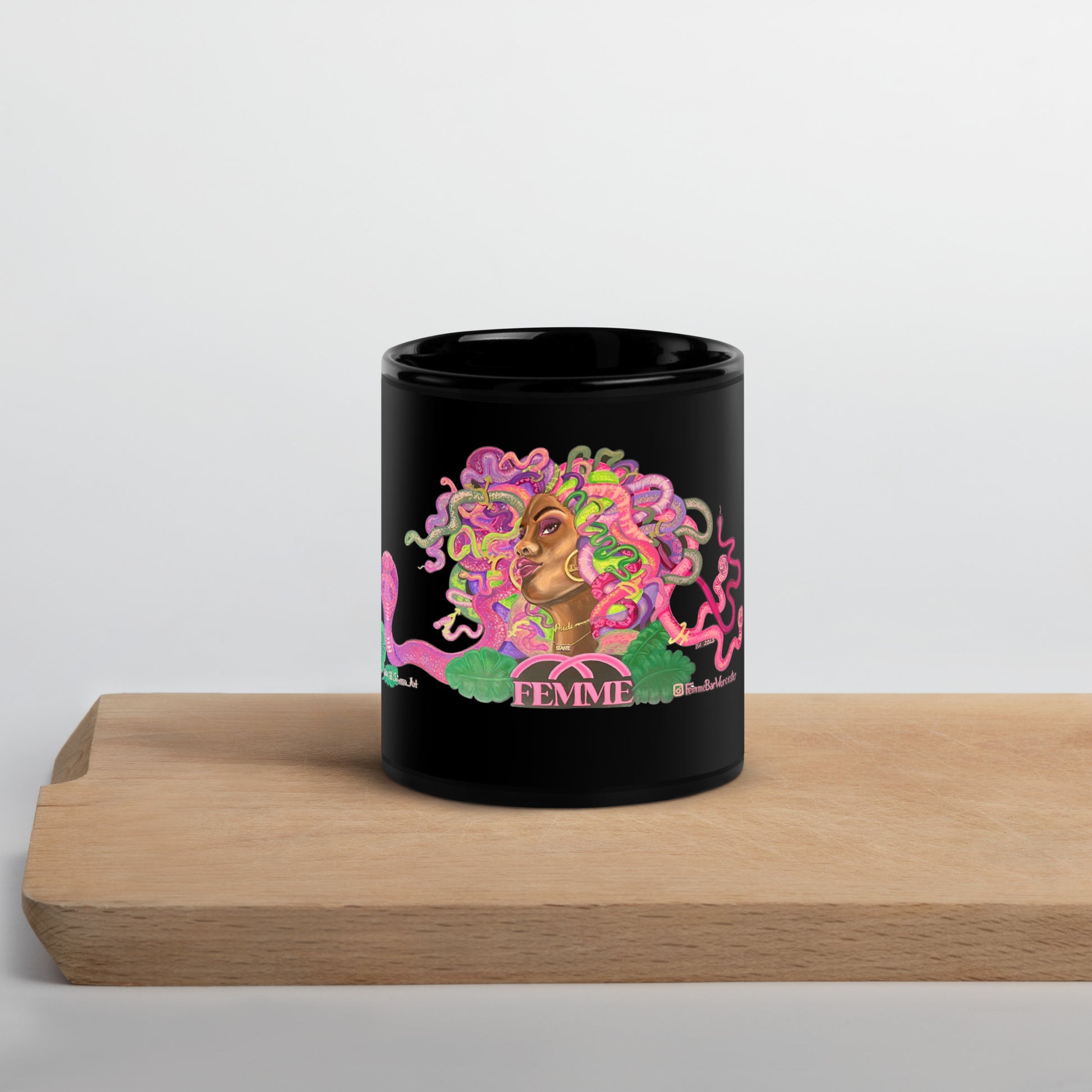 Femme Bar Mural Black Glossy Mug - 11oz - Femme bar mural art - lesbian bar Worcester MA merch