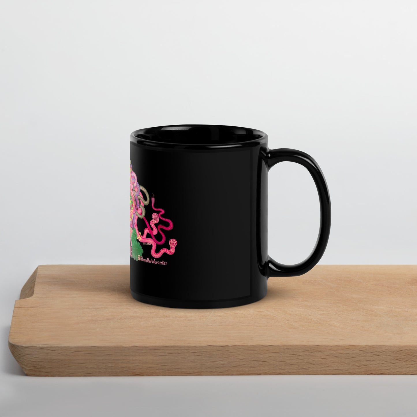 Femme Bar Mural Mug handle right - black glossy 11oz - lesbian bar Worcester MA merch