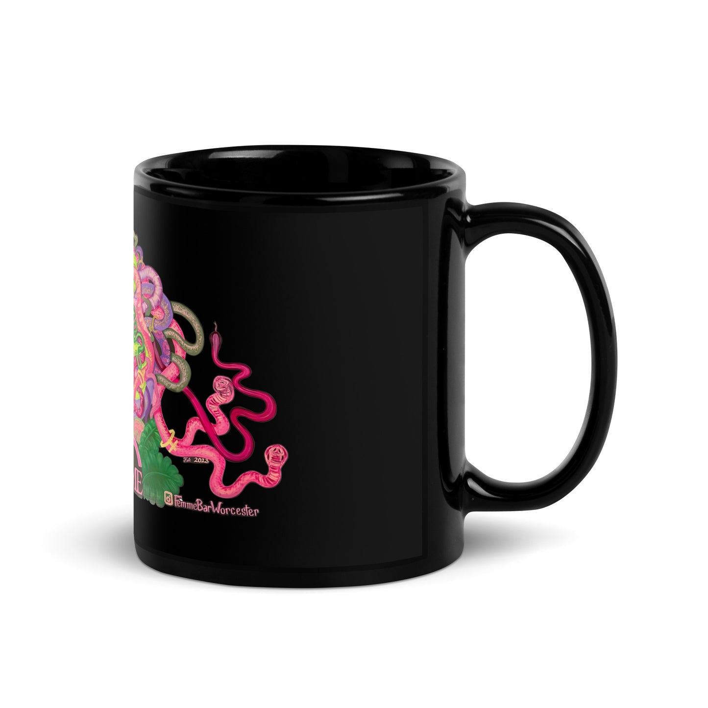 Femme Bar Mural Mug 11oz right - white background - lesbian bar Worcester MA LGBTQ merch