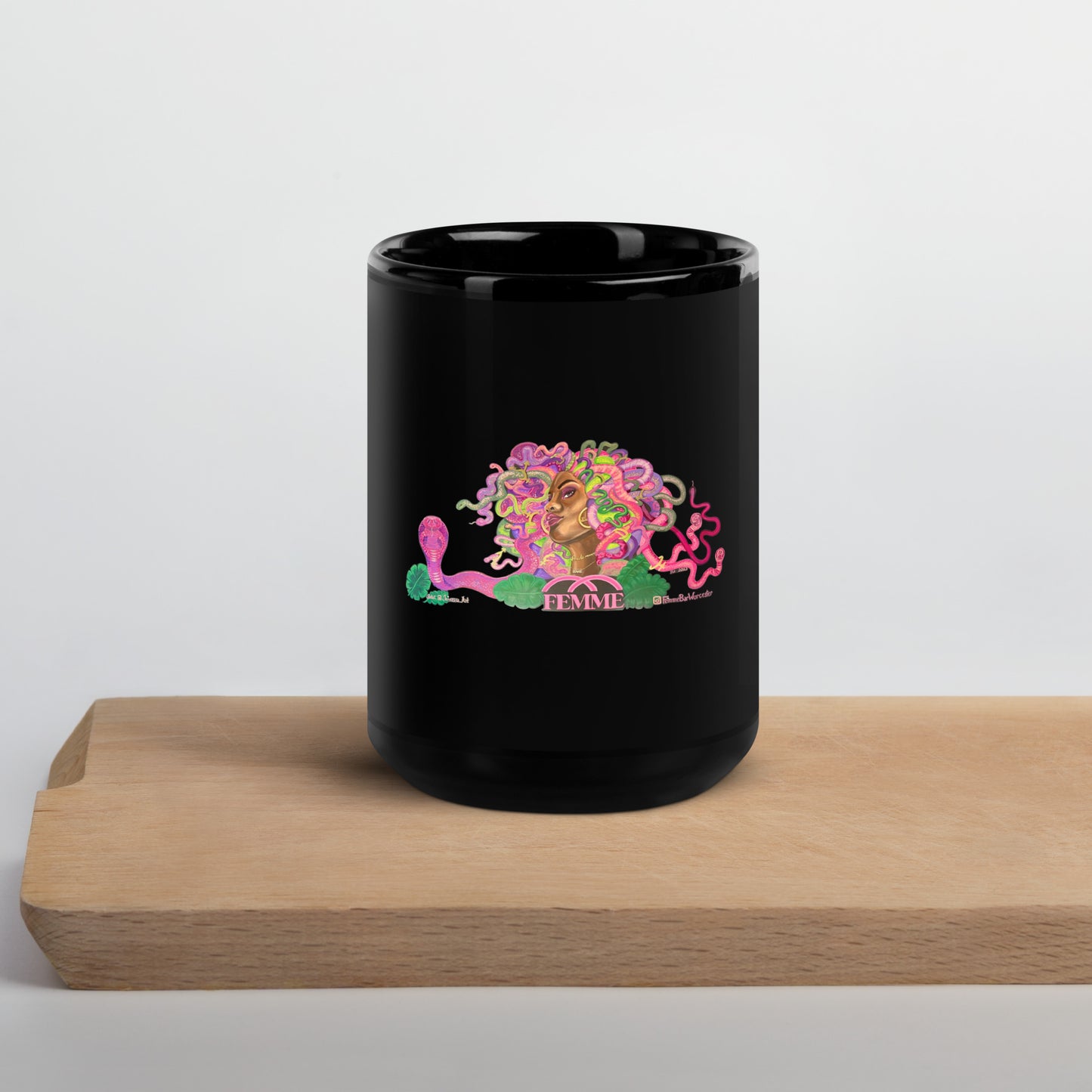 Femme Bar Mural Mug 15oz front - black glossy mug - lesbian bar Worcester MA merch