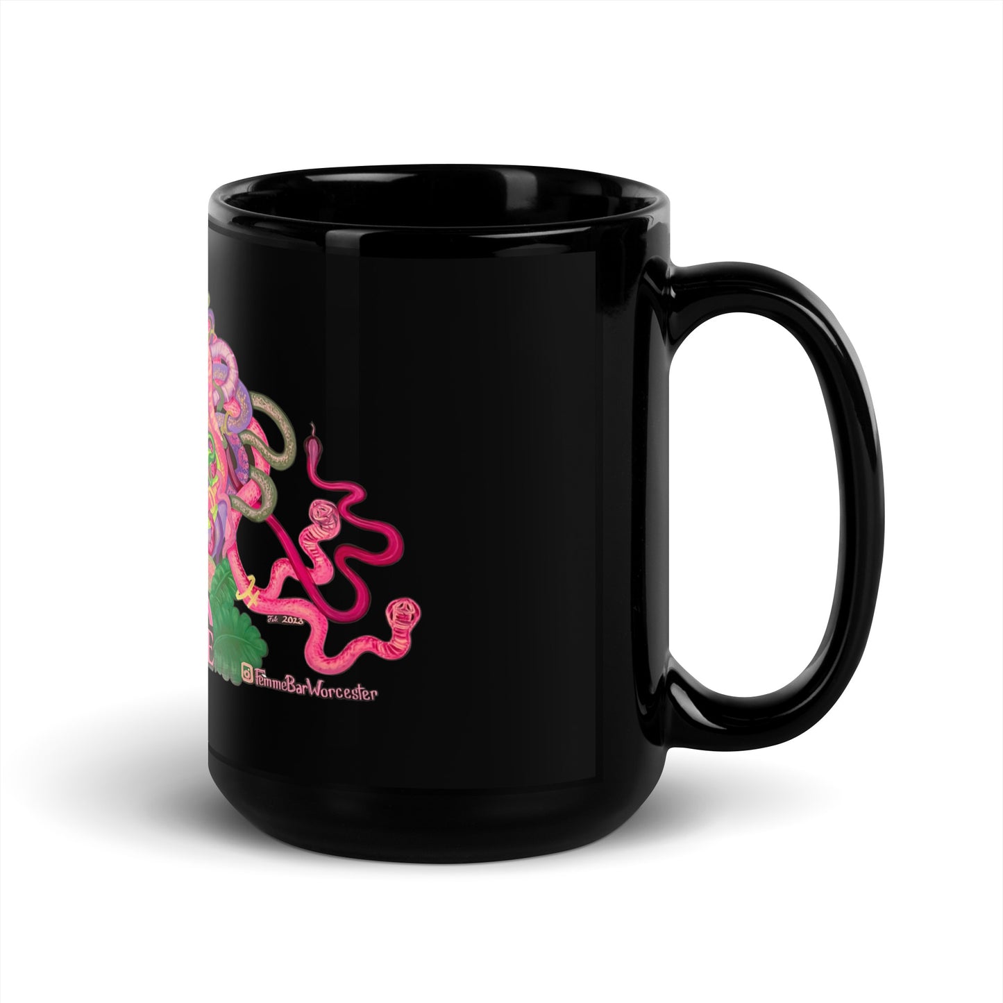 Femme Bar Mural Mug 15oz right - white background - lesbian bar Worcester MA merch