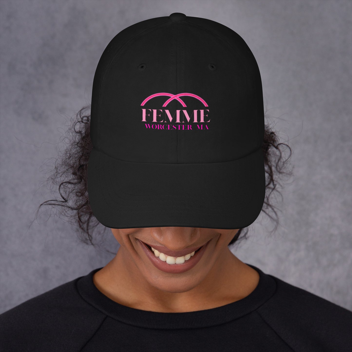 Femme Bar Dad Hat front - black classic dad hat with Femme logo - lesbian bar Worcester MA merch