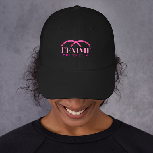 Femme Bar Dad Hat front - black classic dad hat with Femme logo - lesbian bar Worcester MA merch