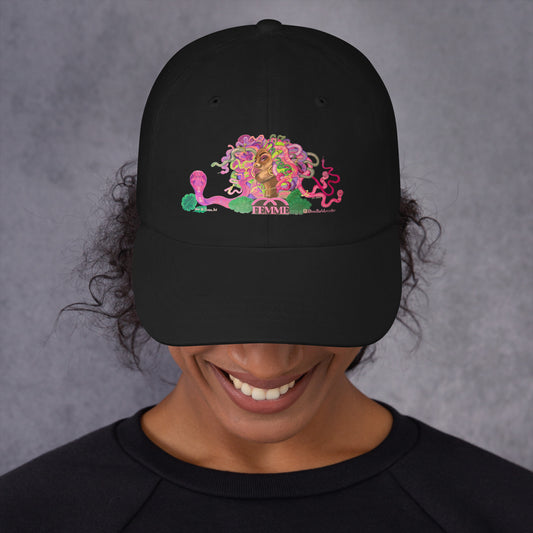 Femme Bar Mural Dad Hat front - black hat with Femme mural art - lesbian bar Worcester MA merch