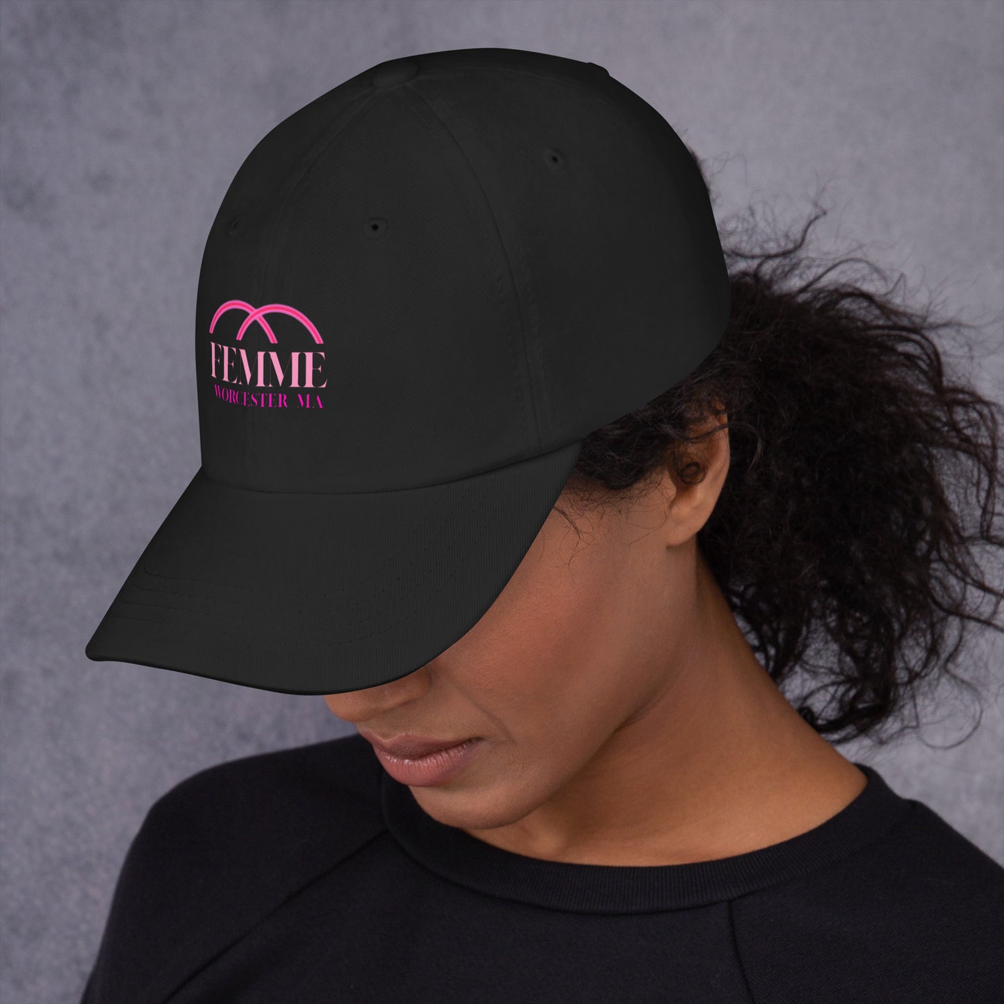 Femme Bar Dad Hat left side - black dad hat with Femme logo - lesbian bar Worcester MA merch