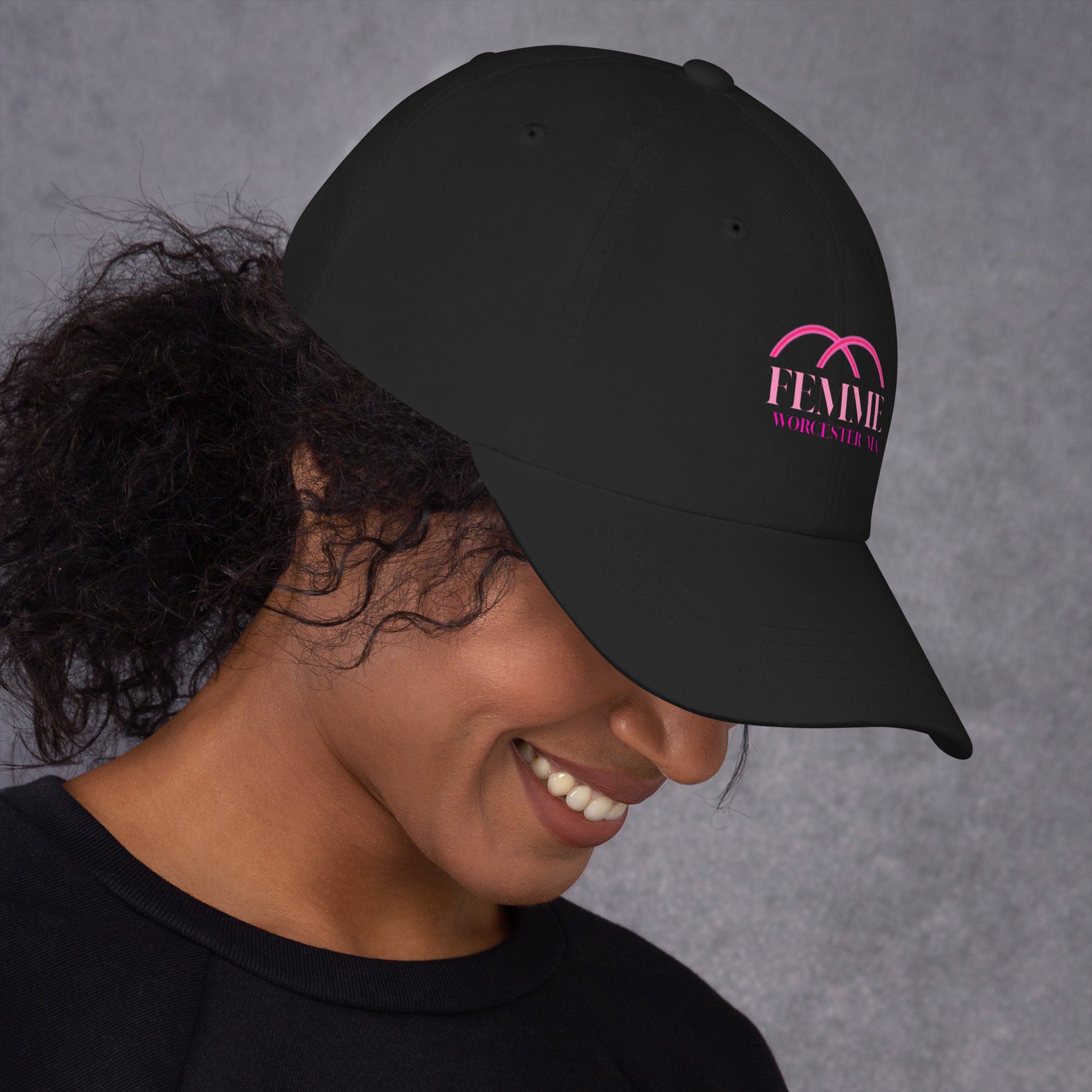 Femme Bar Dad Hat right side - black dad hat with Femme logo - lesbian bar Worcester MA merch