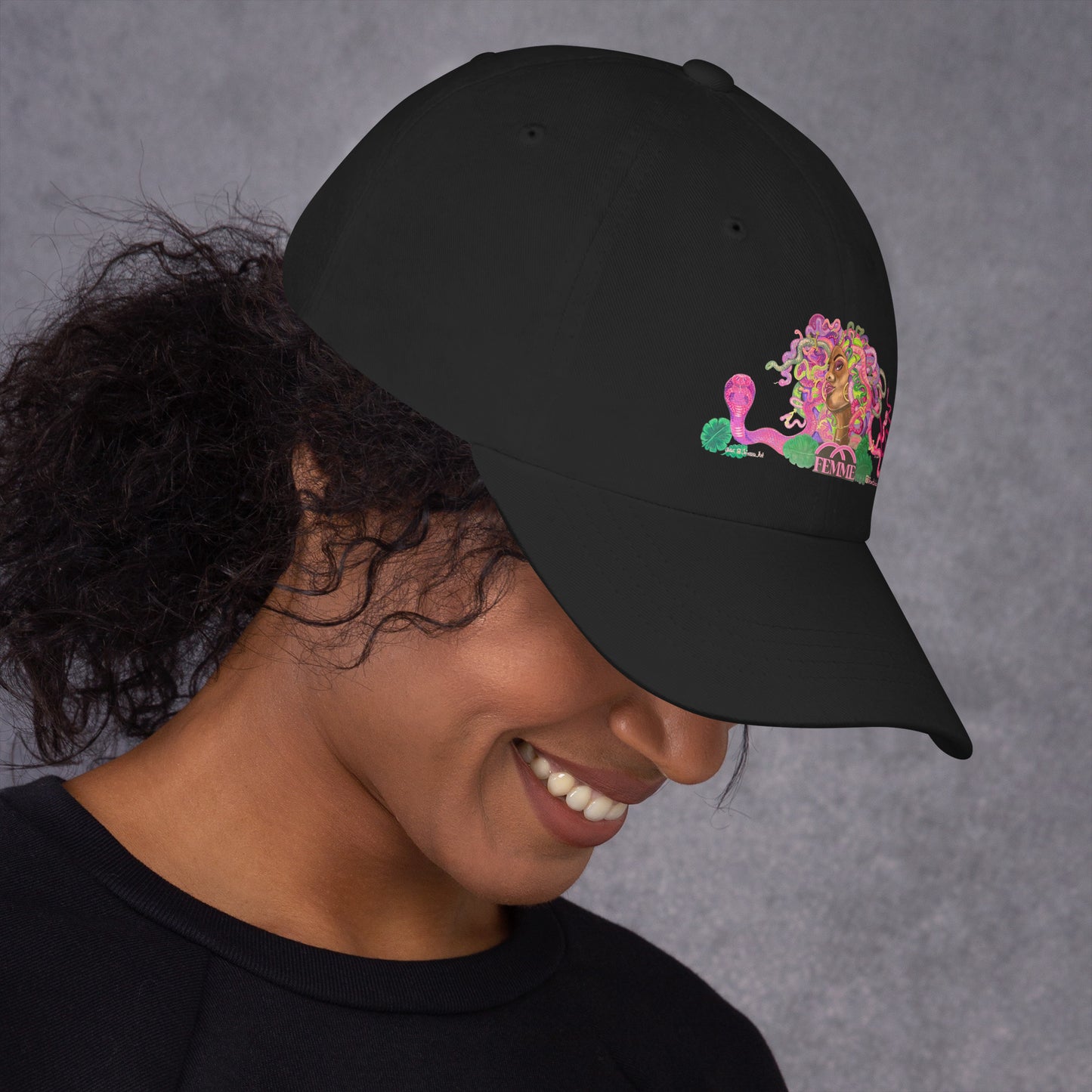 Femme Bar Mural Dad Hat side — black hat with Femme mural art, lesbian bar Worcester MA merch