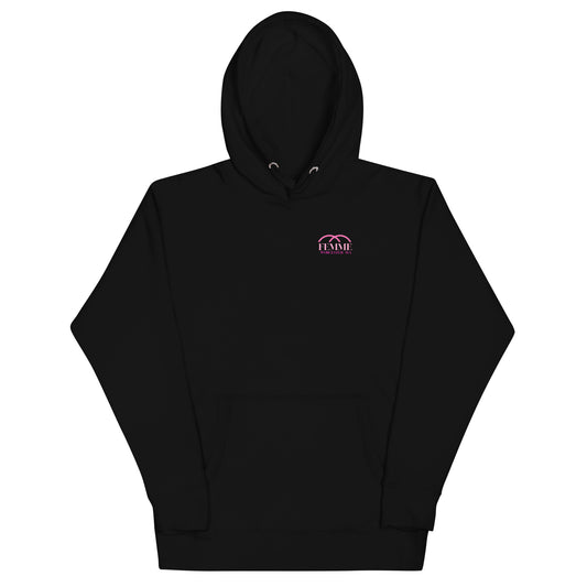 Femme Bar Classic Unisex Hoodie front - black pullover with Femme Bar Worcester logo - lesbian bar merch Worcester MA
