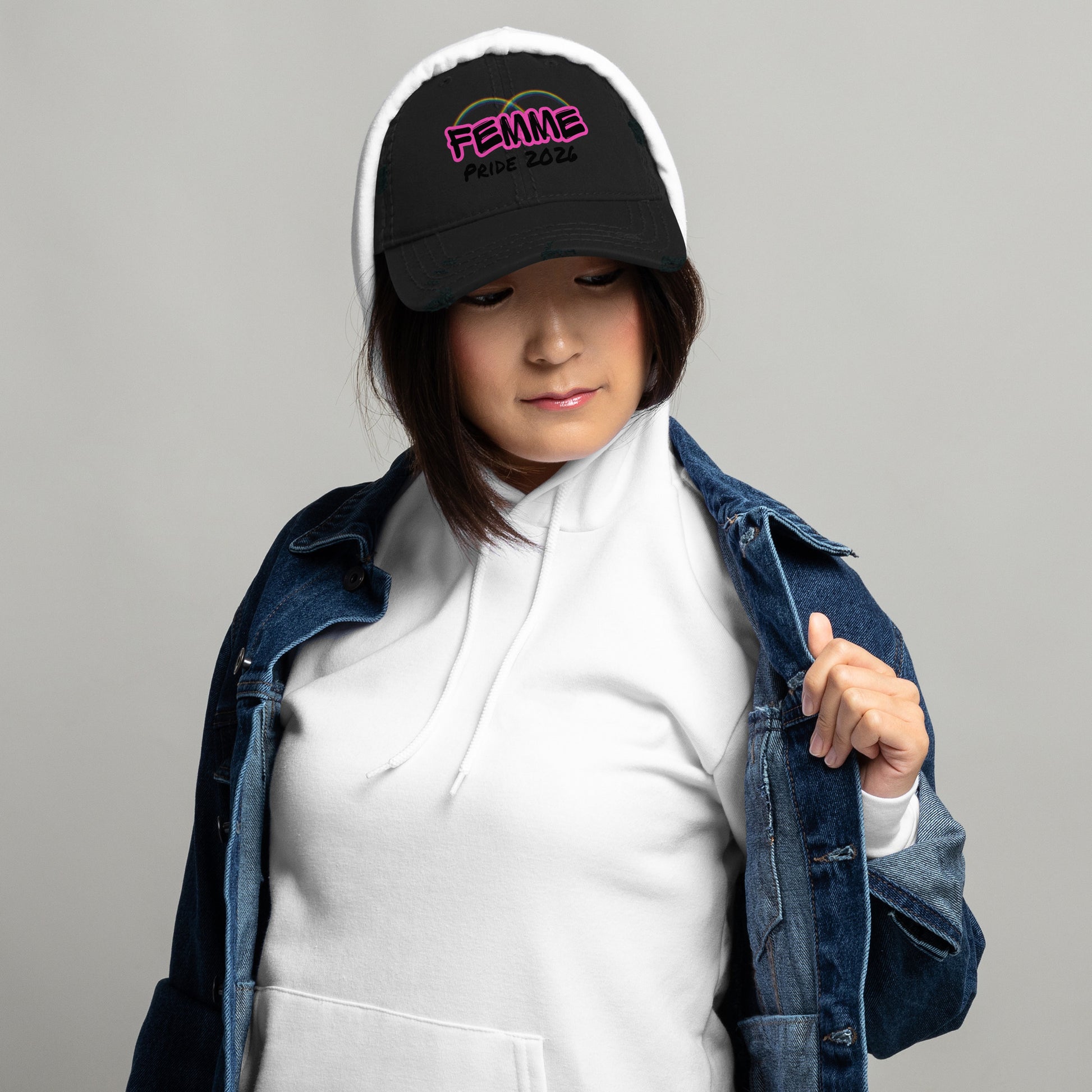 Femme Bar Pride 2026 distressed dad hat in black, front view — embroidered LGBTQ apparel, Worcester MA
