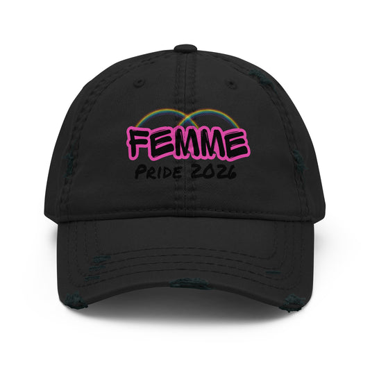 Femme Bar Pride 2026 distressed dad hat in black, front — embroidered LGBTQ apparel, Worcester MA