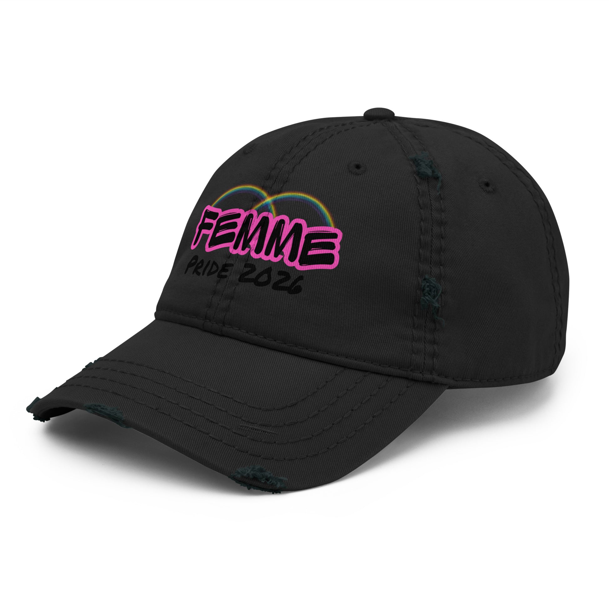Femme Bar Pride 2026 distressed dad hat in black, left side — LGBTQ apparel, Worcester MA