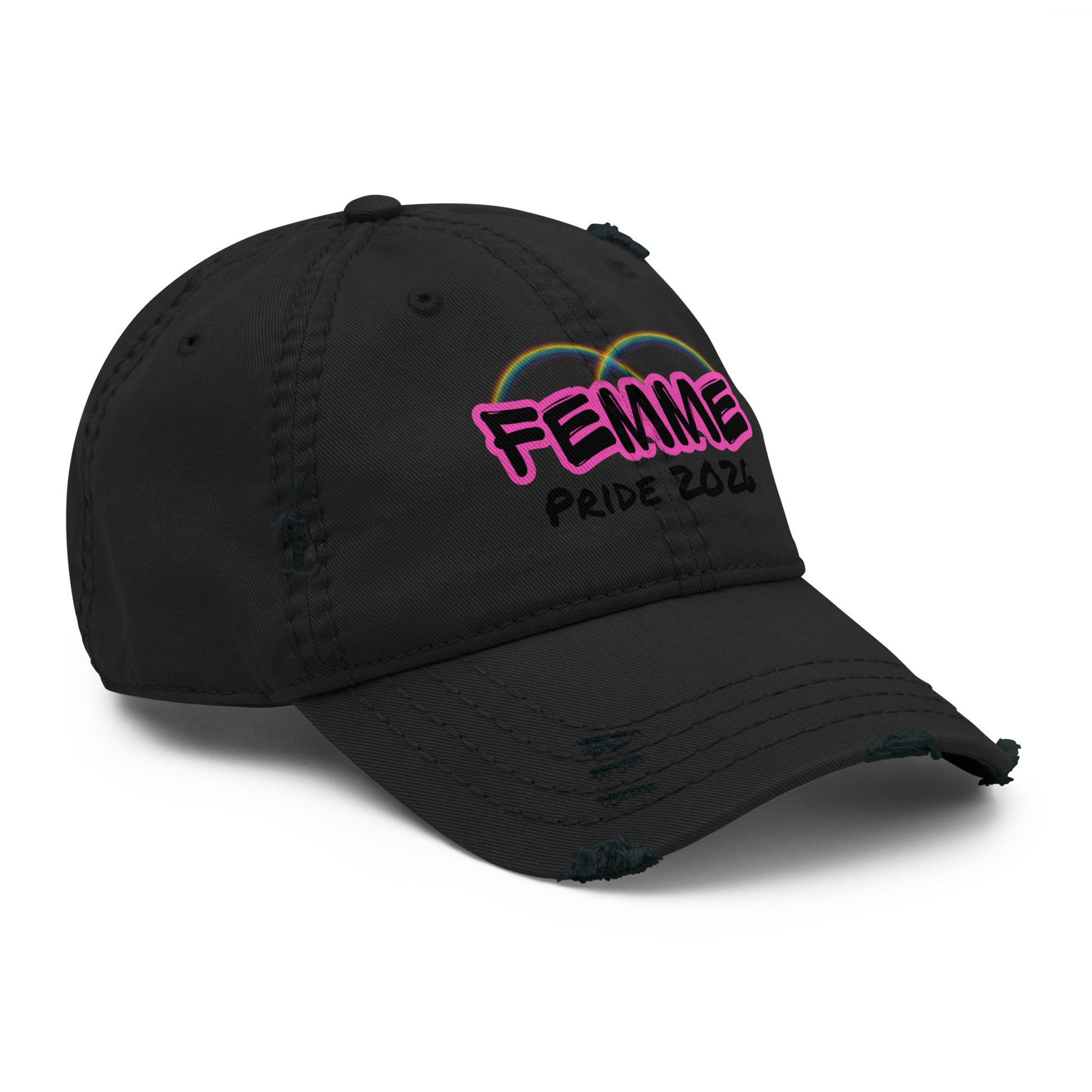 Femme Bar Pride 2026 distressed dad hat in black, right side — LGBTQ apparel, Worcester MA
