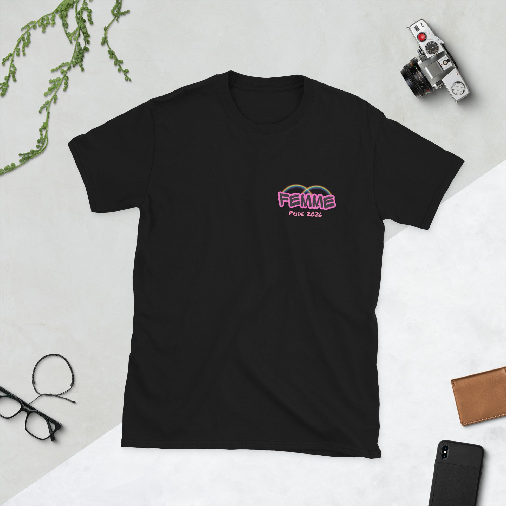 Femme Bar Pride 2026 t-shirt in black, front — rainbow lesbian pride clothing, Worcester MA