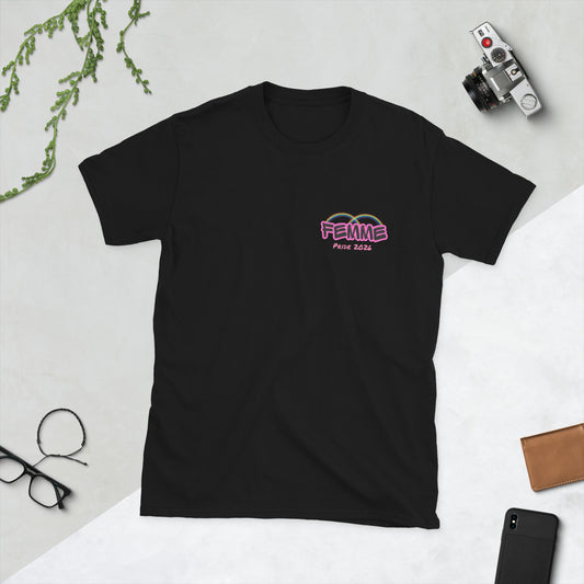 Femme Bar Pride 2026 t-shirt in black, front — rainbow lesbian pride clothing, Worcester MA