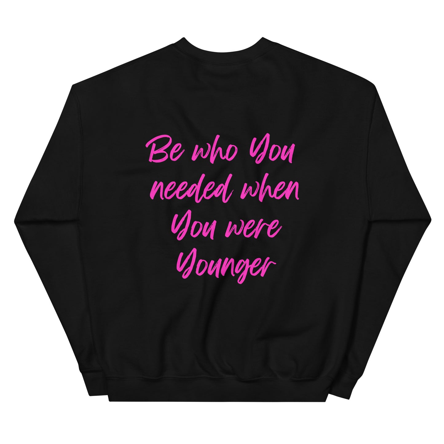 Femme Bar Classic Crew Sweatshirt back — Be Who You Needed When You Were Younger, LGBTQ lesbian bar Worcester MA