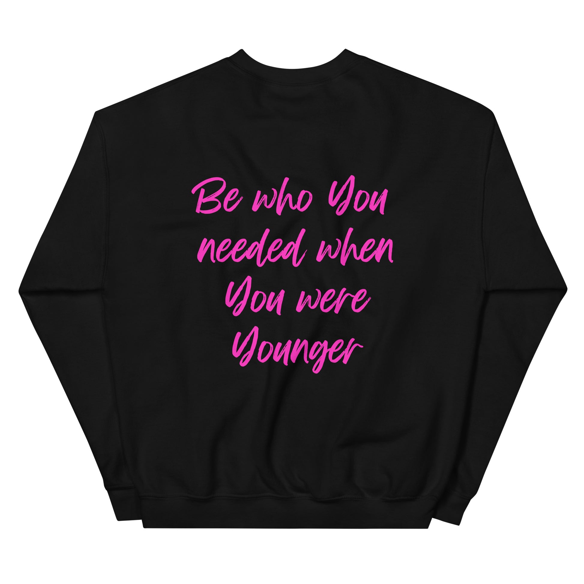 Femme Bar Classic Crew Sweatshirt back — Be Who You Needed When You Were Younger, LGBTQ lesbian bar Worcester MA