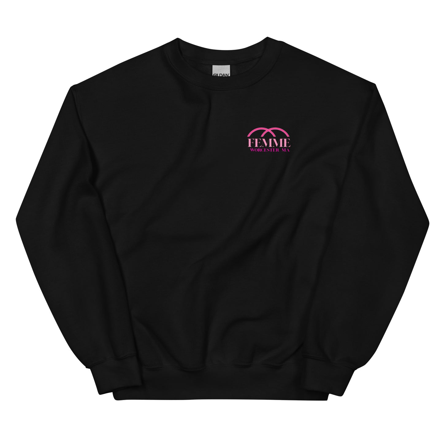Femme Bar Classic Crew Sweatshirt front - black unisex crewneck with Femme Bar Worcester logo - lesbian bar merch Worcester MA