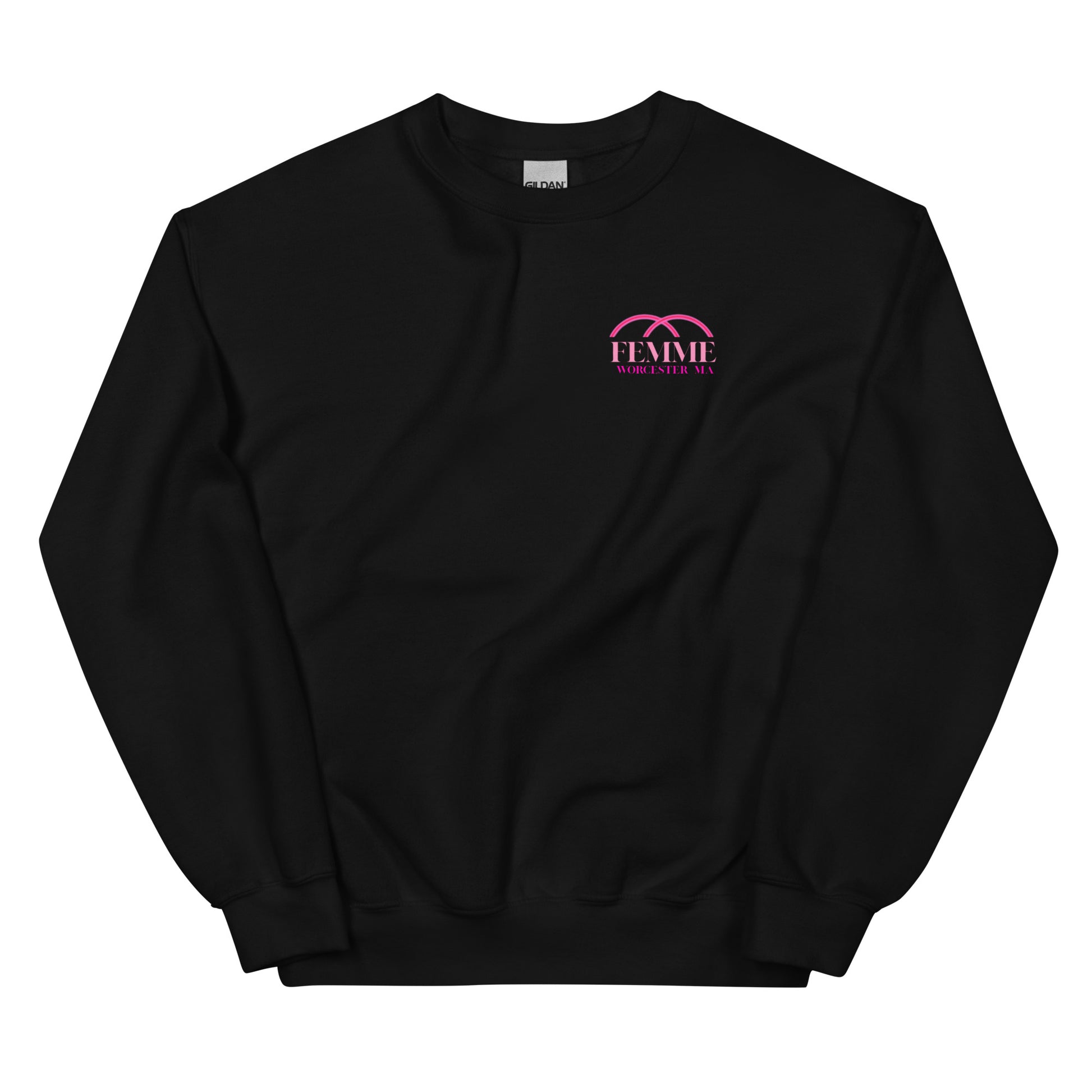 Femme Bar Classic Crew Sweatshirt front - black unisex crewneck with Femme Bar Worcester logo - lesbian bar merch Worcester MA