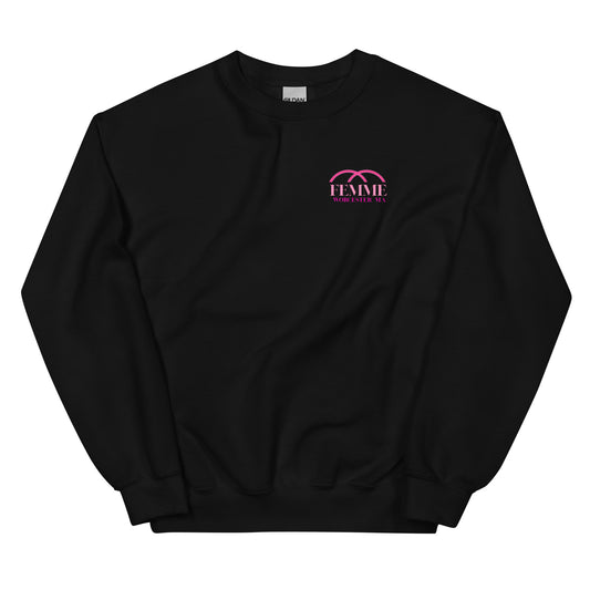 Femme Bar Classic Crew Sweatshirt front - black unisex crewneck with Femme Bar Worcester logo - lesbian bar merch Worcester MA