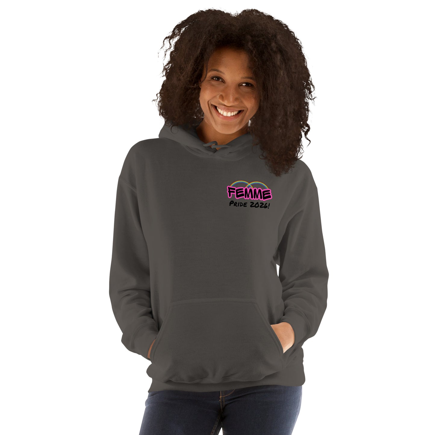 Femme Pride 2026 Unisex Hoodie in charcoal, front view — rainbow Femme Bar branding, Femme Bar Worcester MA