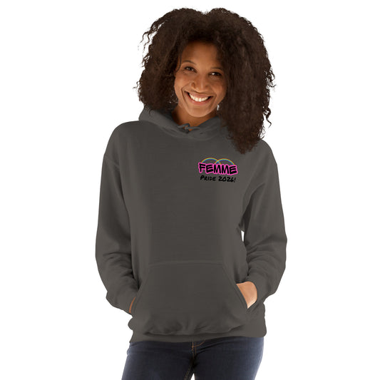 Femme Pride 2026 Unisex Hoodie in charcoal, front view — rainbow Femme Bar branding, Femme Bar Worcester MA