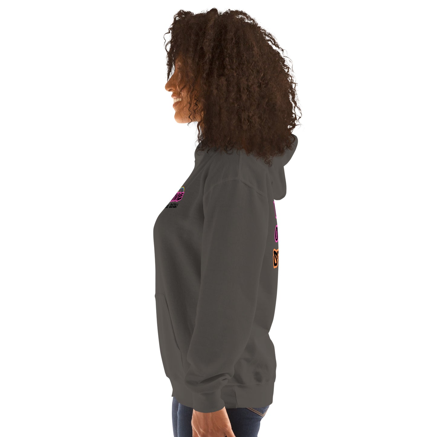 Femme Pride 2026 Unisex Hoodie in charcoal, left side — lesbian pride clothing, Femme Bar Worcester MA