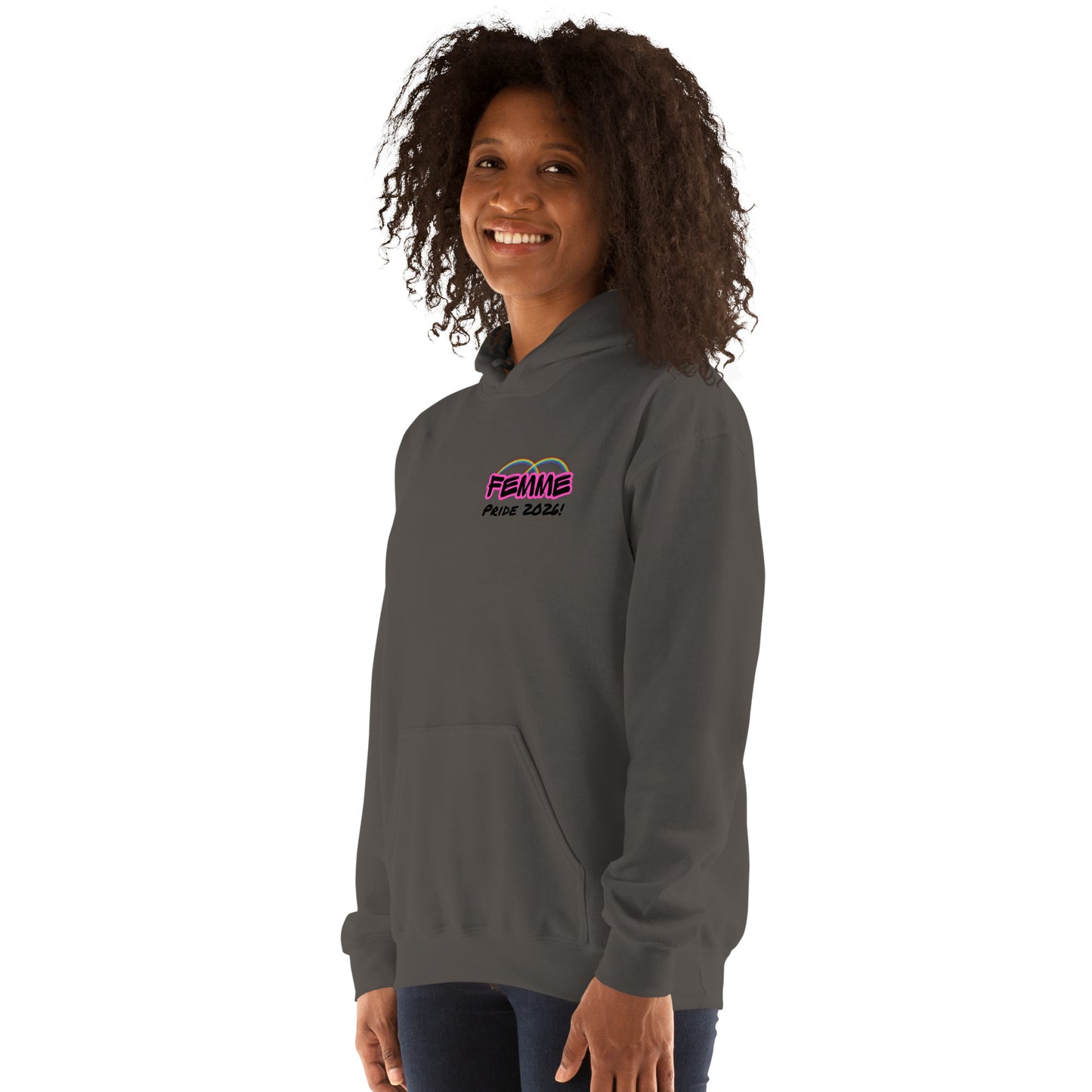 Femme Pride 2026 Unisex Hoodie in charcoal, front left angle — queer pride hoodie, Femme Bar Worcester MA