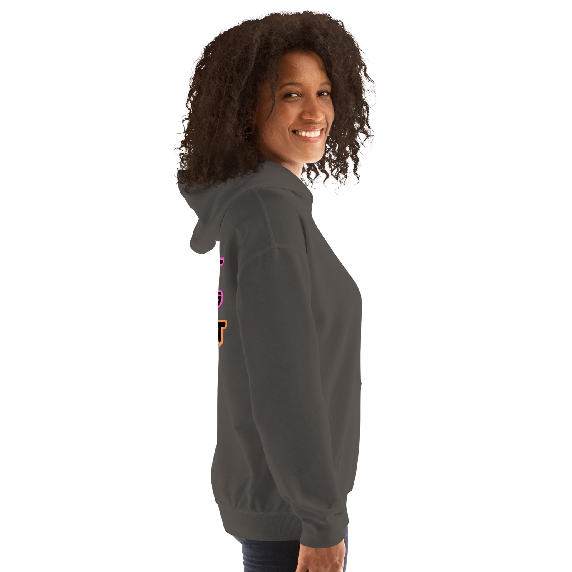 Femme Pride 2026 Unisex Hoodie in charcoal, right side — lesbian pride clothing, Femme Bar Worcester MA