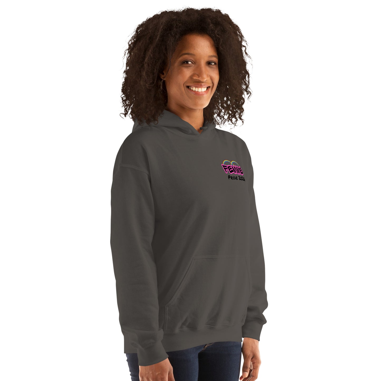Femme Pride 2026 Unisex Hoodie in charcoal, front right angle — LGBTQ pride hoodie, Femme Bar Worcester MA