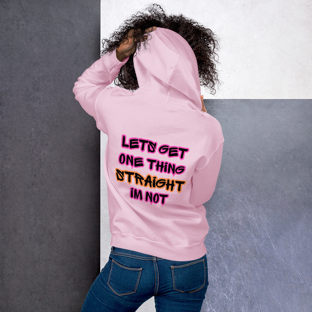 Femme Pride 2026 Unisex Hoodie in light pink, back view — rainbow Femme arch on the back, Femme Bar Worcester MA
