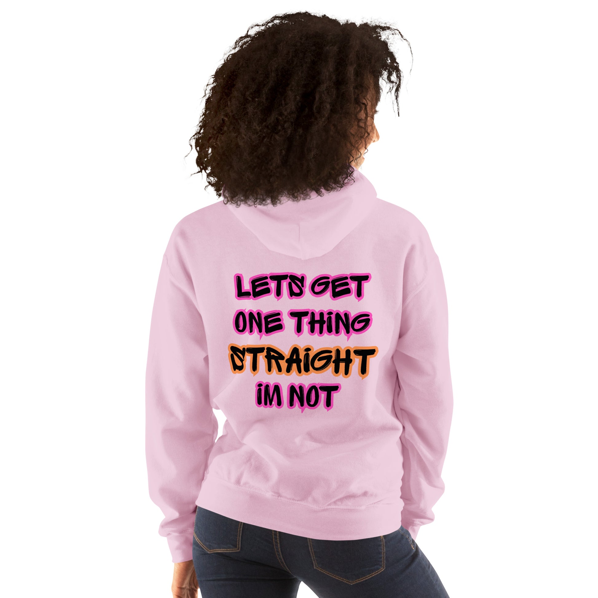 Femme Pride 2026 Unisex Hoodie in light pink, back view — rainbow Femme arch on the back, Femme Bar Worcester MA
