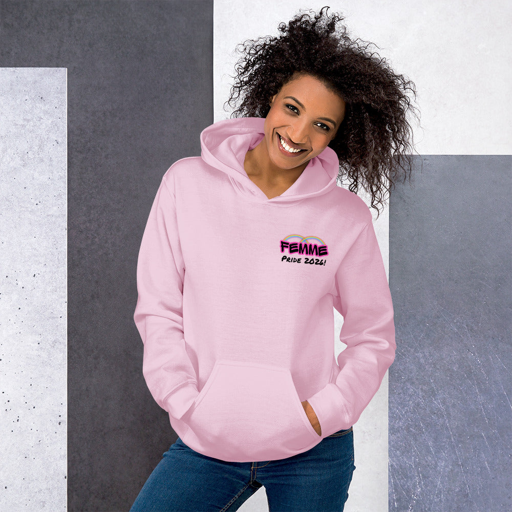 Femme Pride 2026 Unisex Hoodie in light pink, front view — rainbow Femme Bar branding, Femme Bar Worcester MA