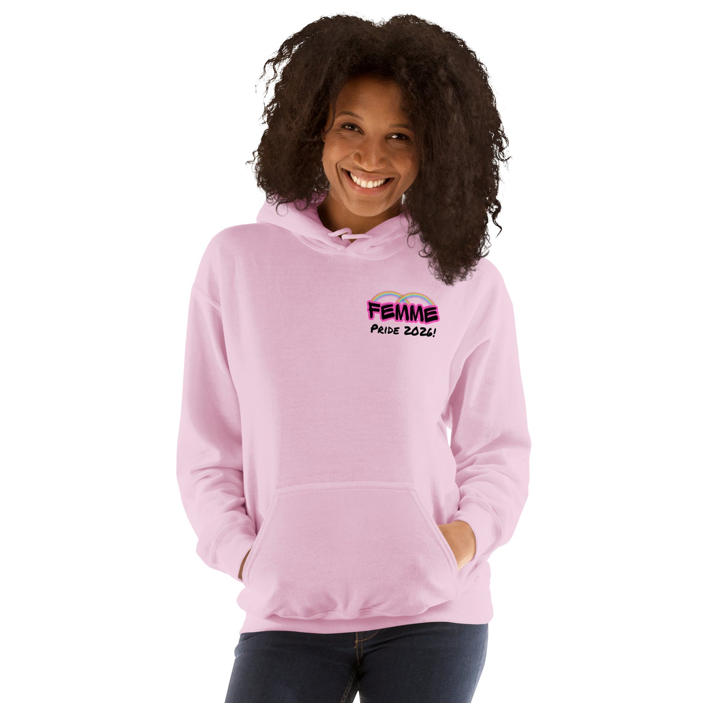 Femme Pride 2026 Unisex Hoodie in light pink, front view — rainbow Femme Bar branding, Femme Bar Worcester MA