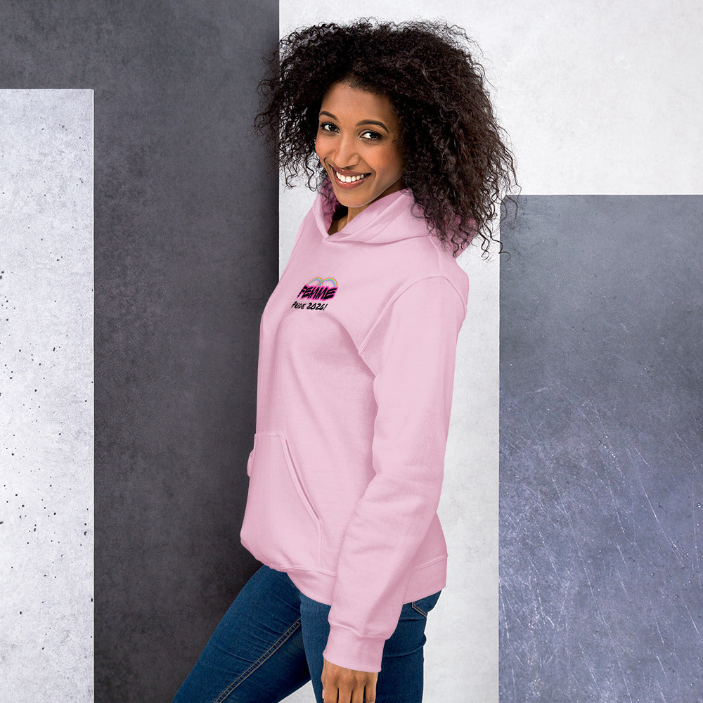 Femme Pride 2026 Unisex Hoodie in light pink, left side — lesbian pride clothing, Femme Bar Worcester MA