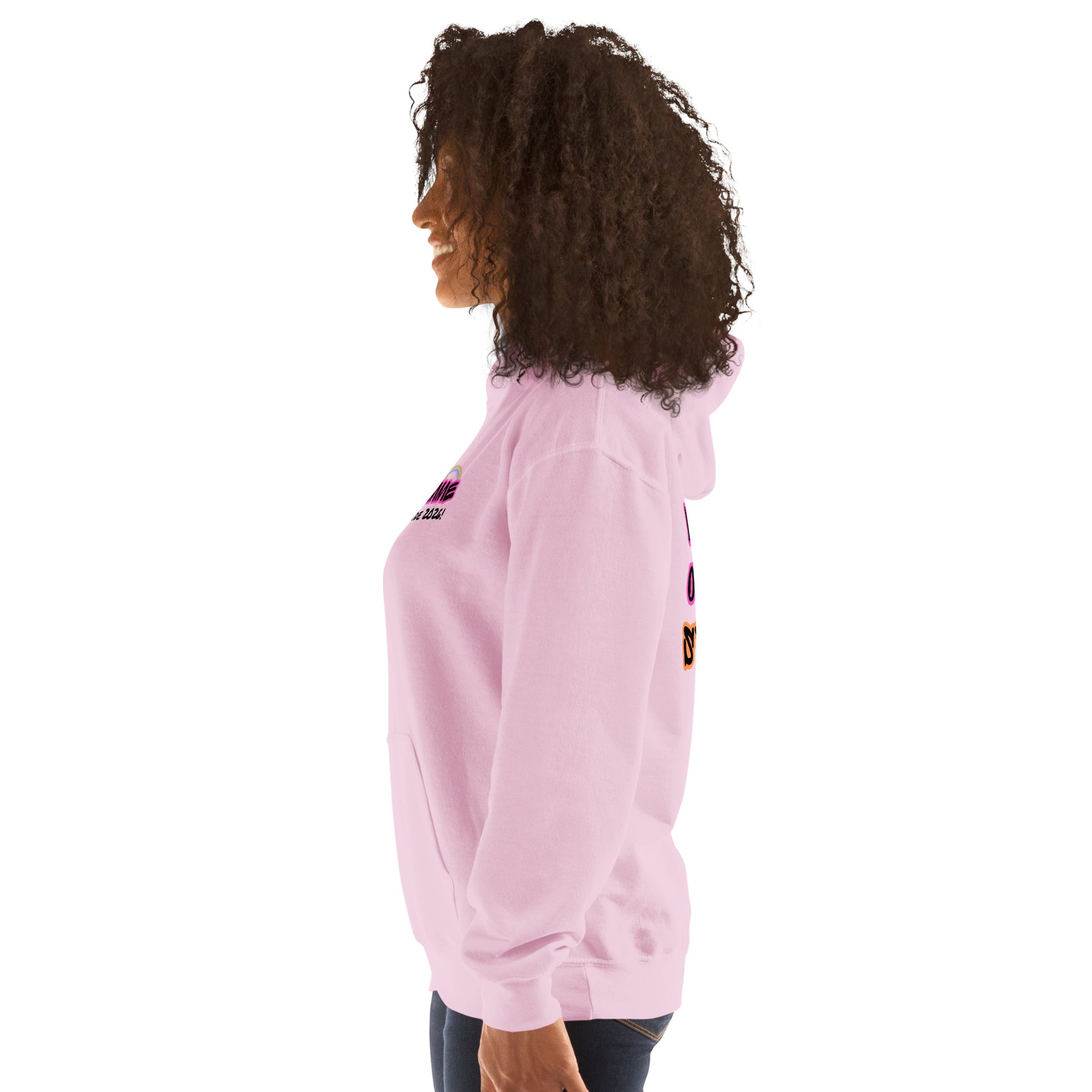 Femme Pride 2026 Unisex Hoodie in light pink, left side — lesbian pride clothing, Femme Bar Worcester MA