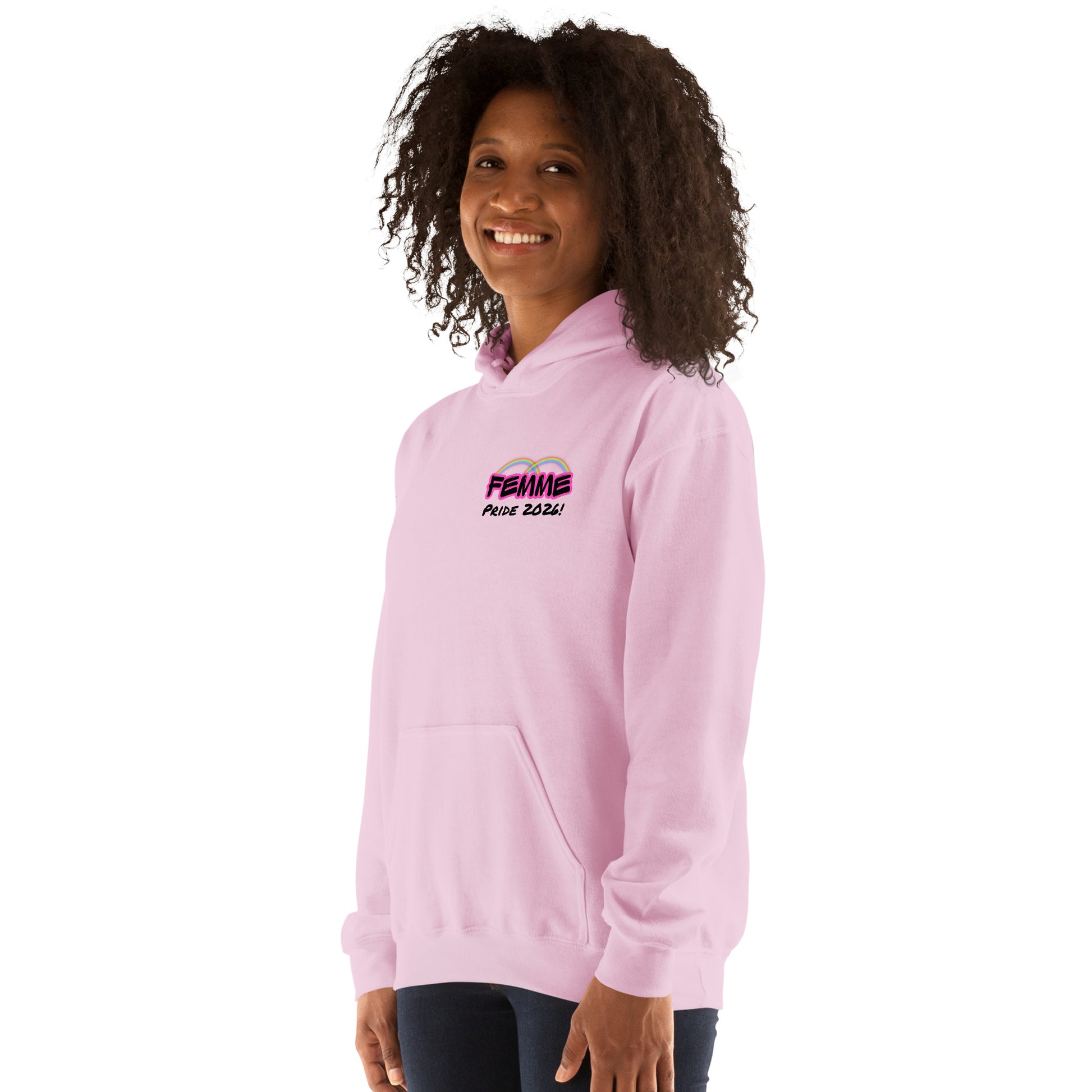 Femme Pride 2026 Unisex Hoodie in light pink, front left angle — queer pride hoodie, Femme Bar Worcester MA