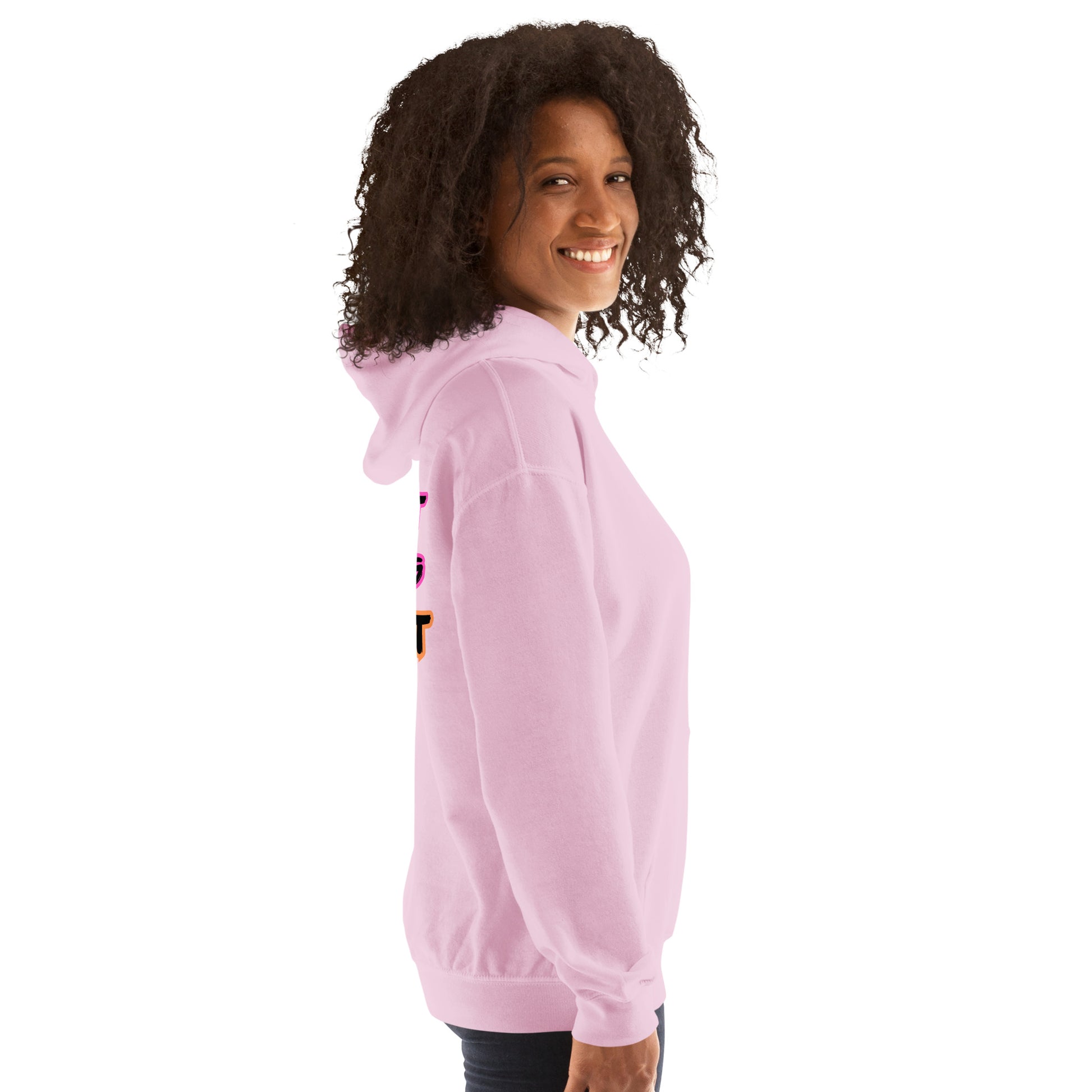 Femme Pride 2026 Unisex Hoodie in light pink, right side — lesbian pride clothing, Femme Bar Worcester MA