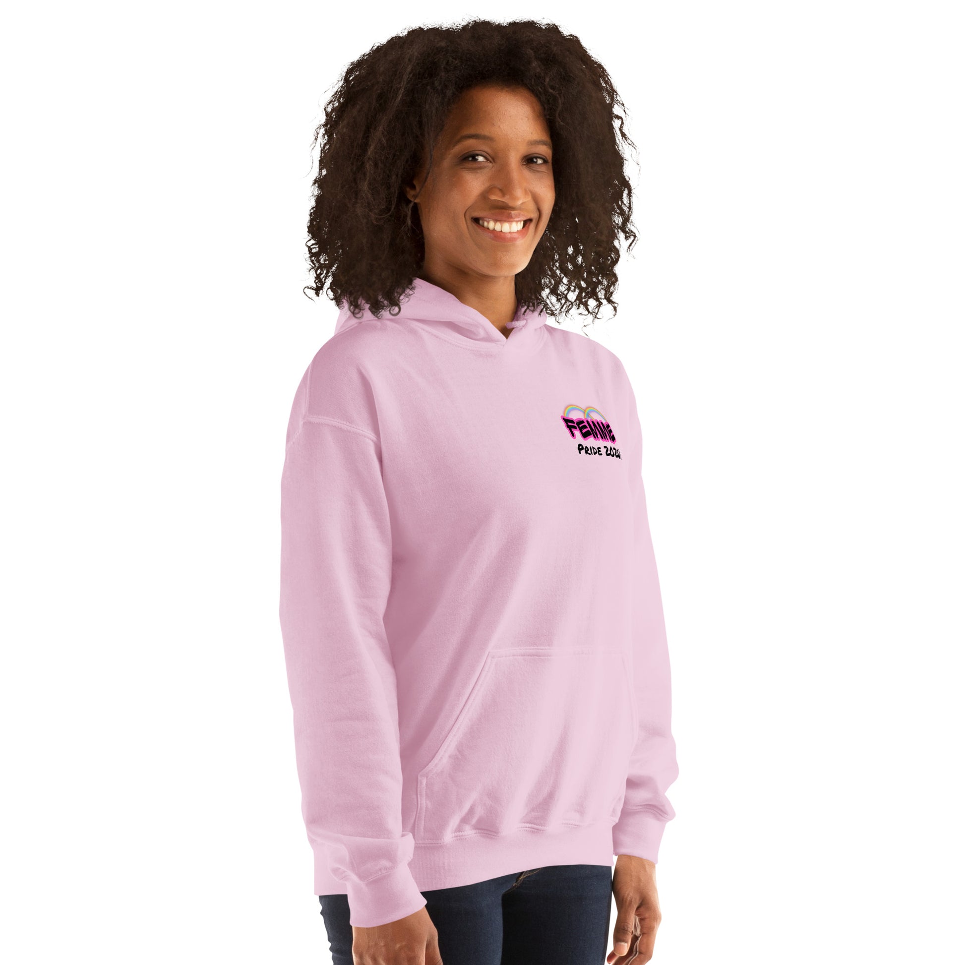Femme Pride 2026 Unisex Hoodie in light pink, front right angle — LGBTQ pride hoodie, Femme Bar Worcester MA