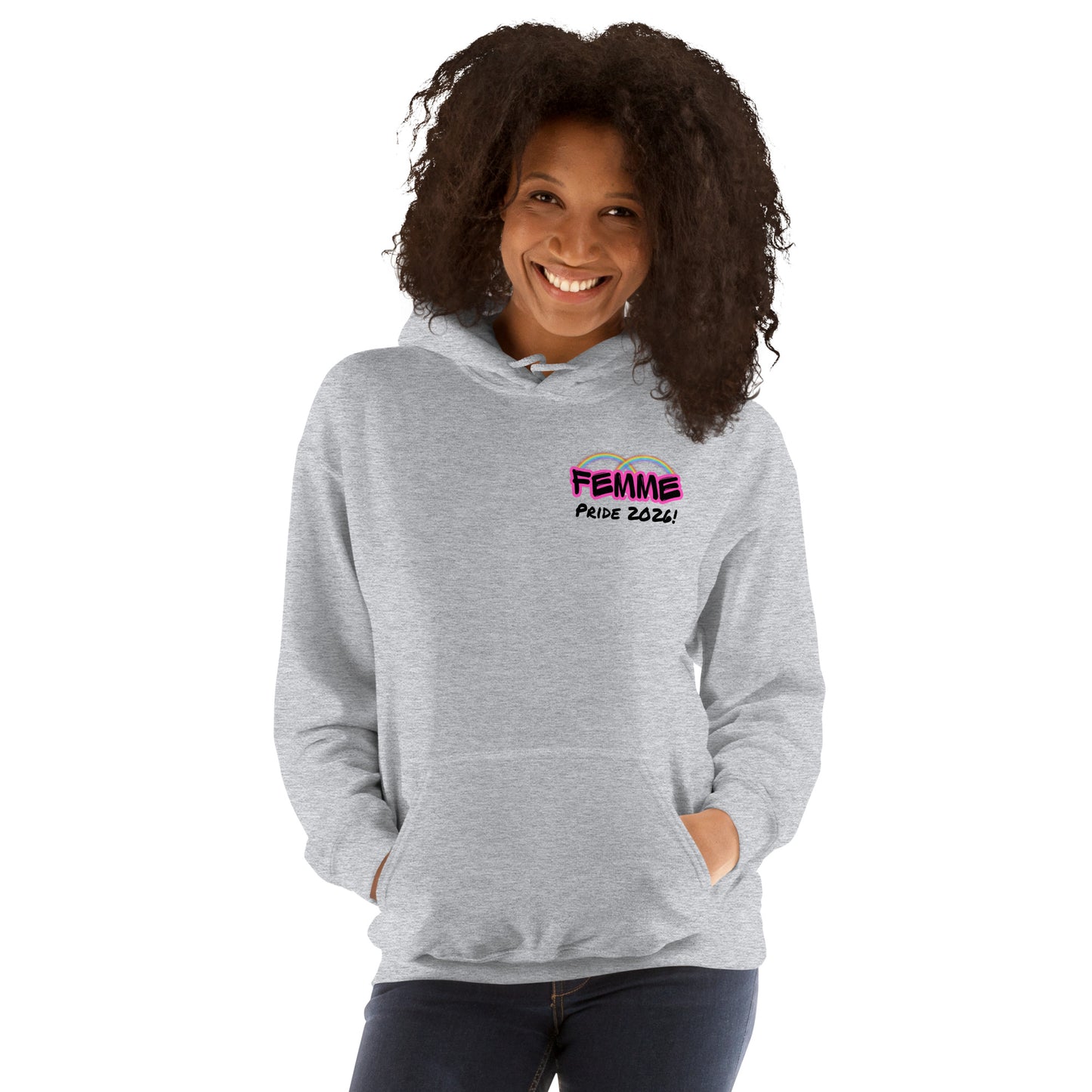 Femme Pride 2026 Unisex Hoodie in sport grey, front view — rainbow Femme Bar branding, Femme Bar Worcester MA