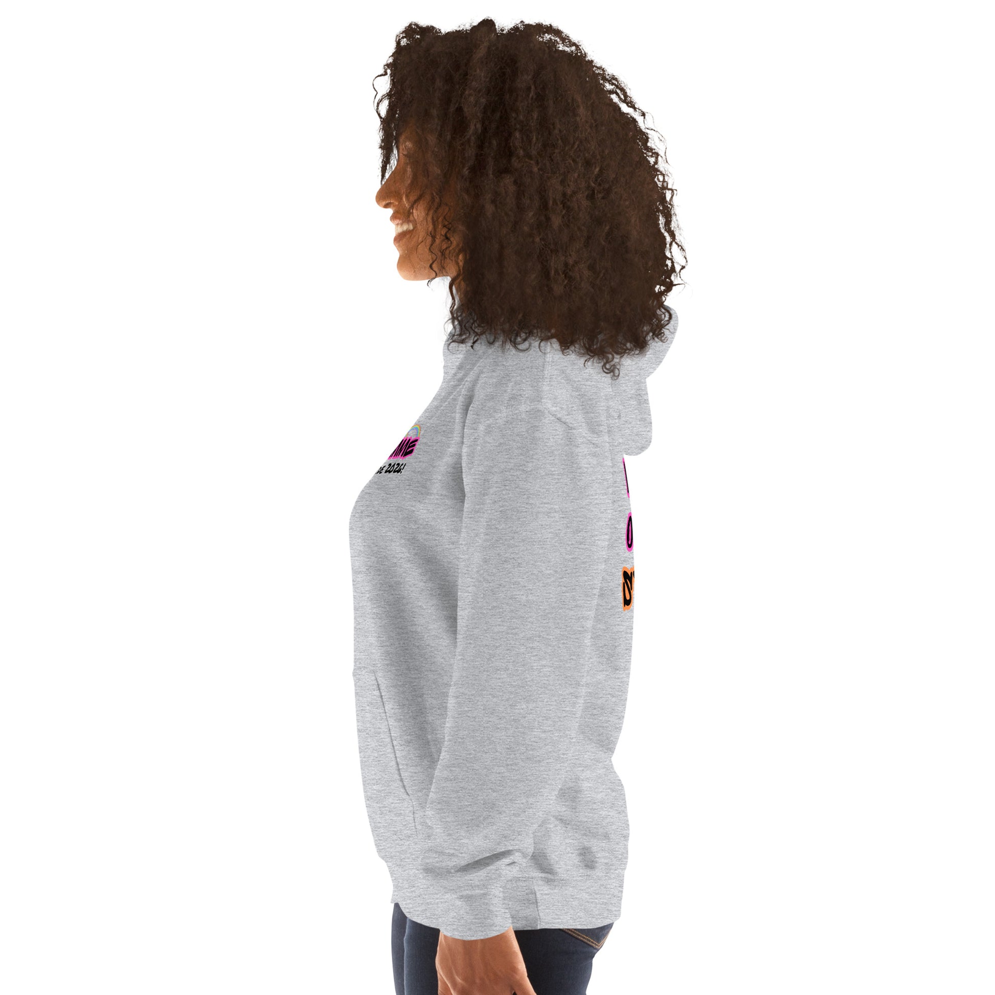 Femme Pride 2026 Unisex Hoodie in sport grey, left side — lesbian pride clothing, Femme Bar Worcester MA