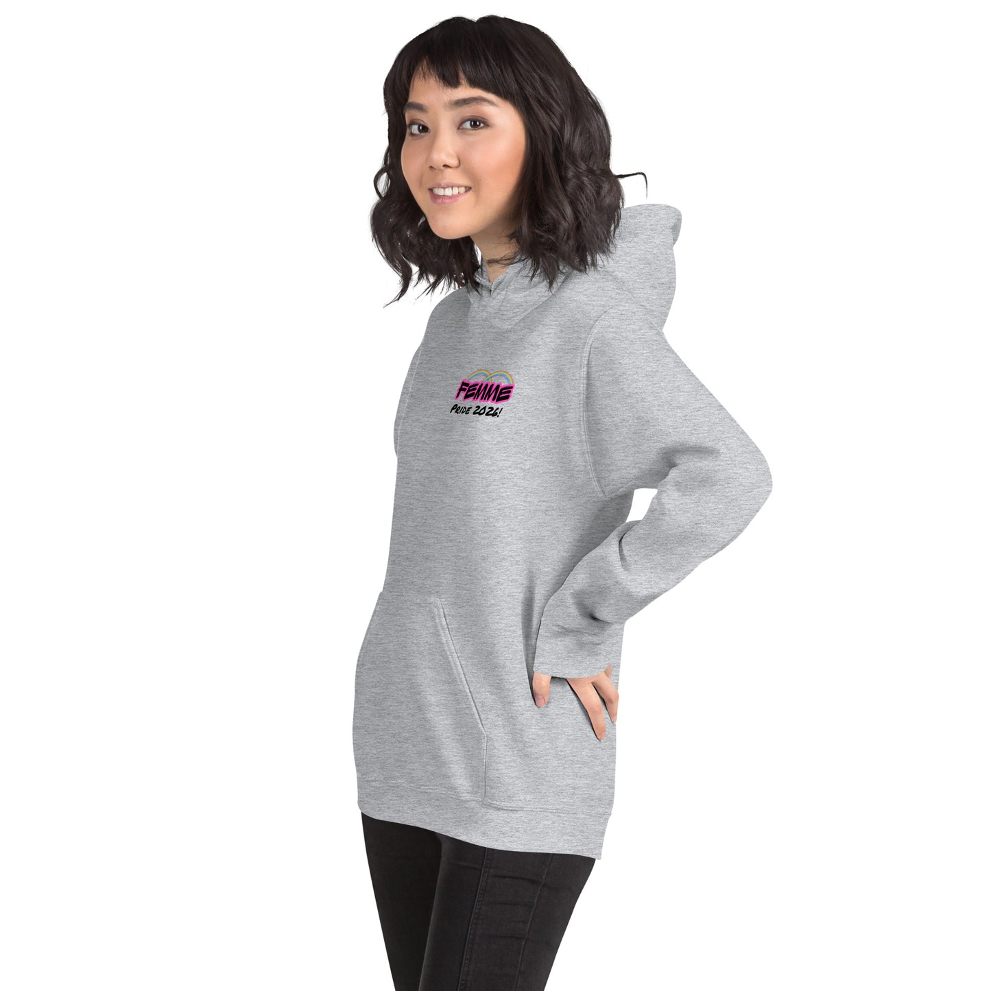 Femme Pride 2026 Unisex Hoodie in sport grey, front left angle — queer pride hoodie, Femme Bar Worcester MA
