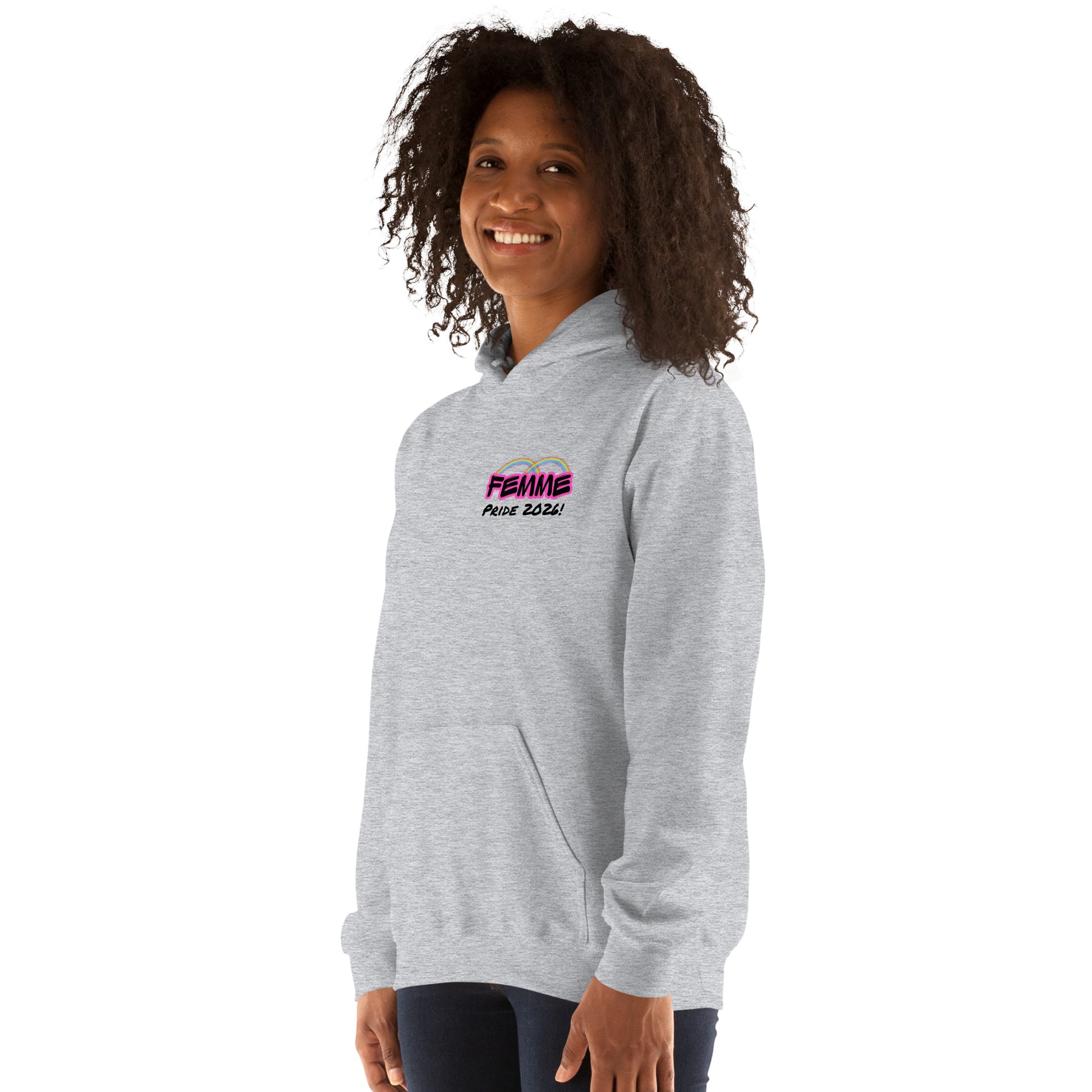 Femme Pride 2026 Unisex Hoodie in sport grey, front left angle — queer pride hoodie, Femme Bar Worcester MA