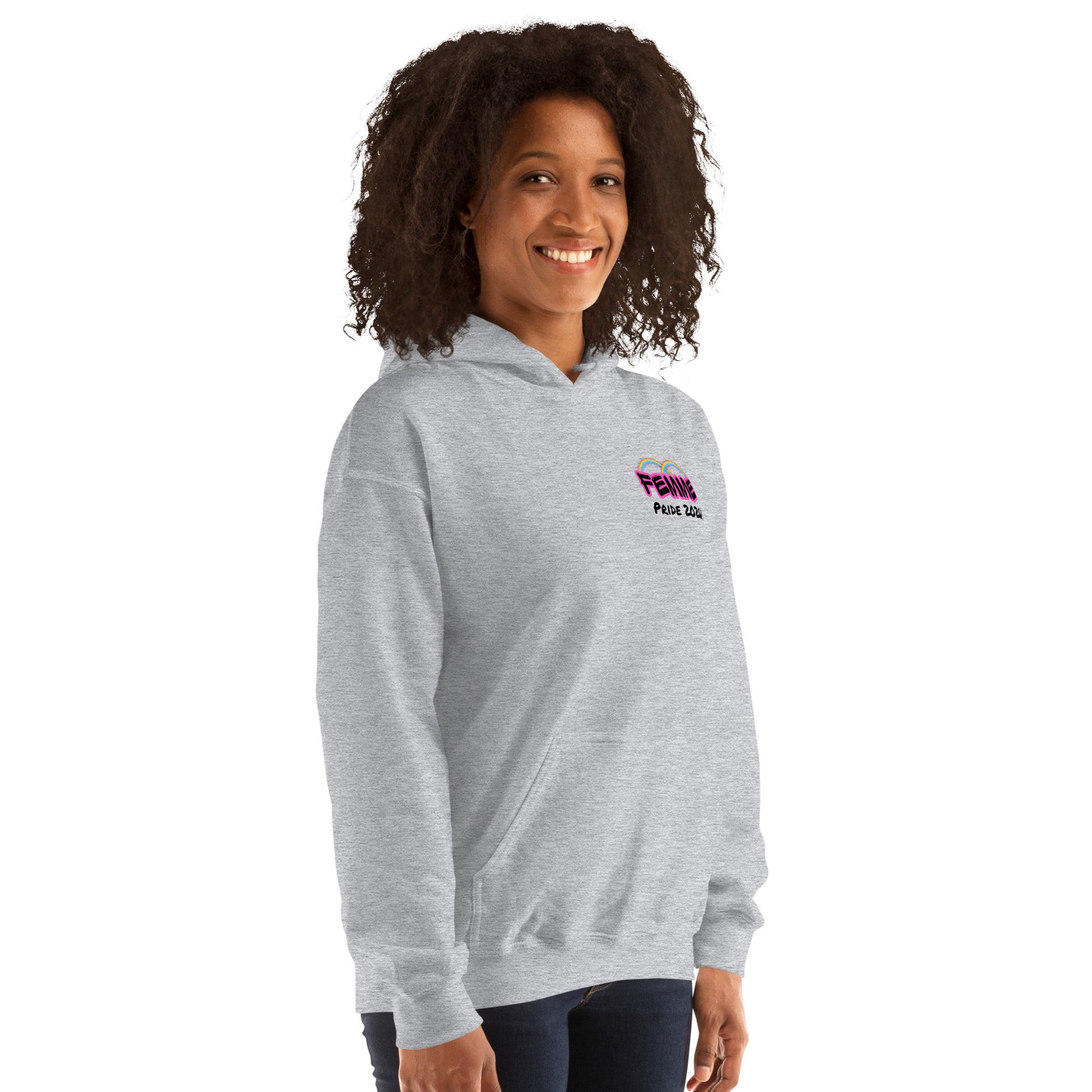 Femme Pride 2026 Unisex Hoodie in sport grey, front right angle — LGBTQ pride hoodie, Femme Bar Worcester MA