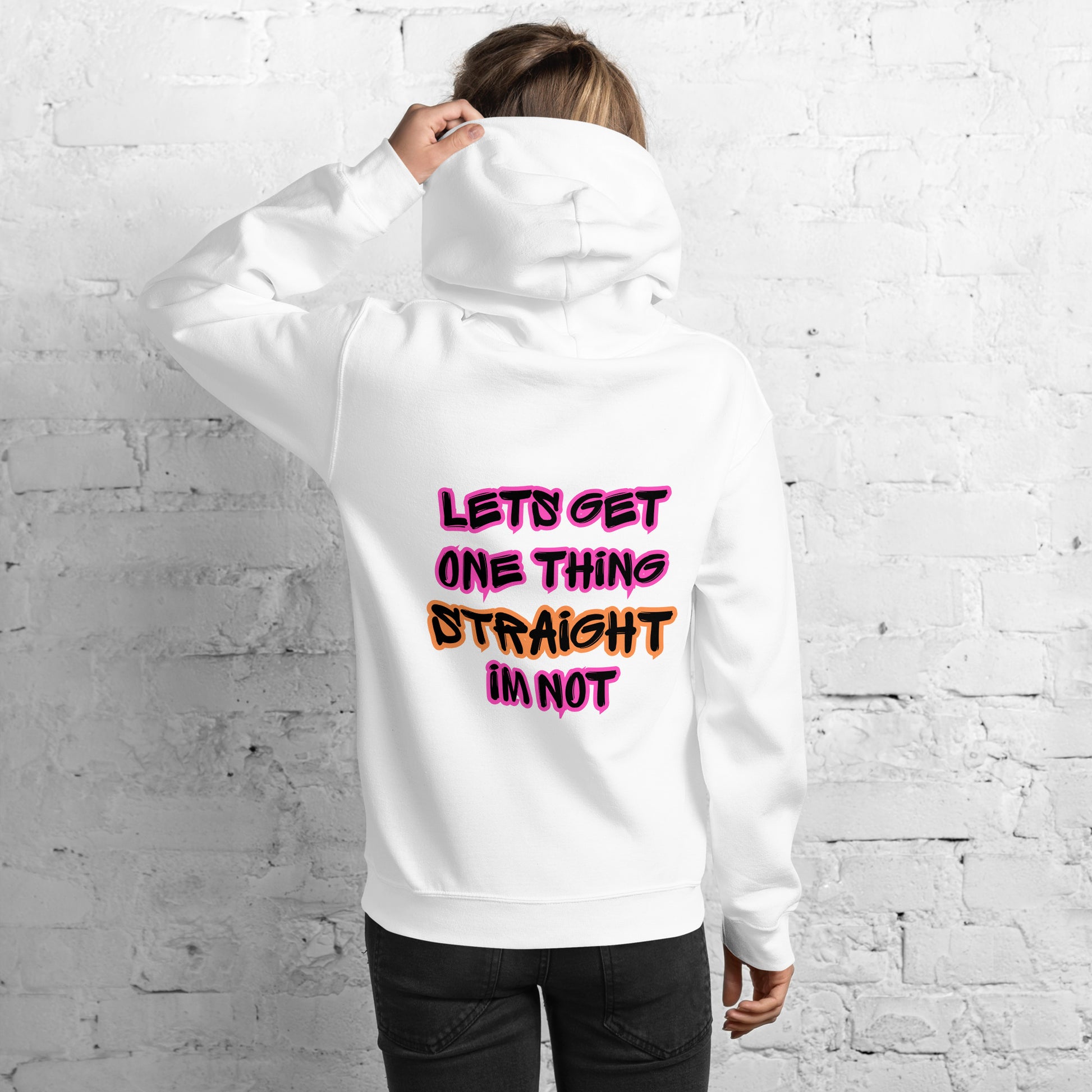 Femme Pride 2026 Unisex Hoodie in white, back view — rainbow Femme arch on the back, Femme Bar Worcester MA