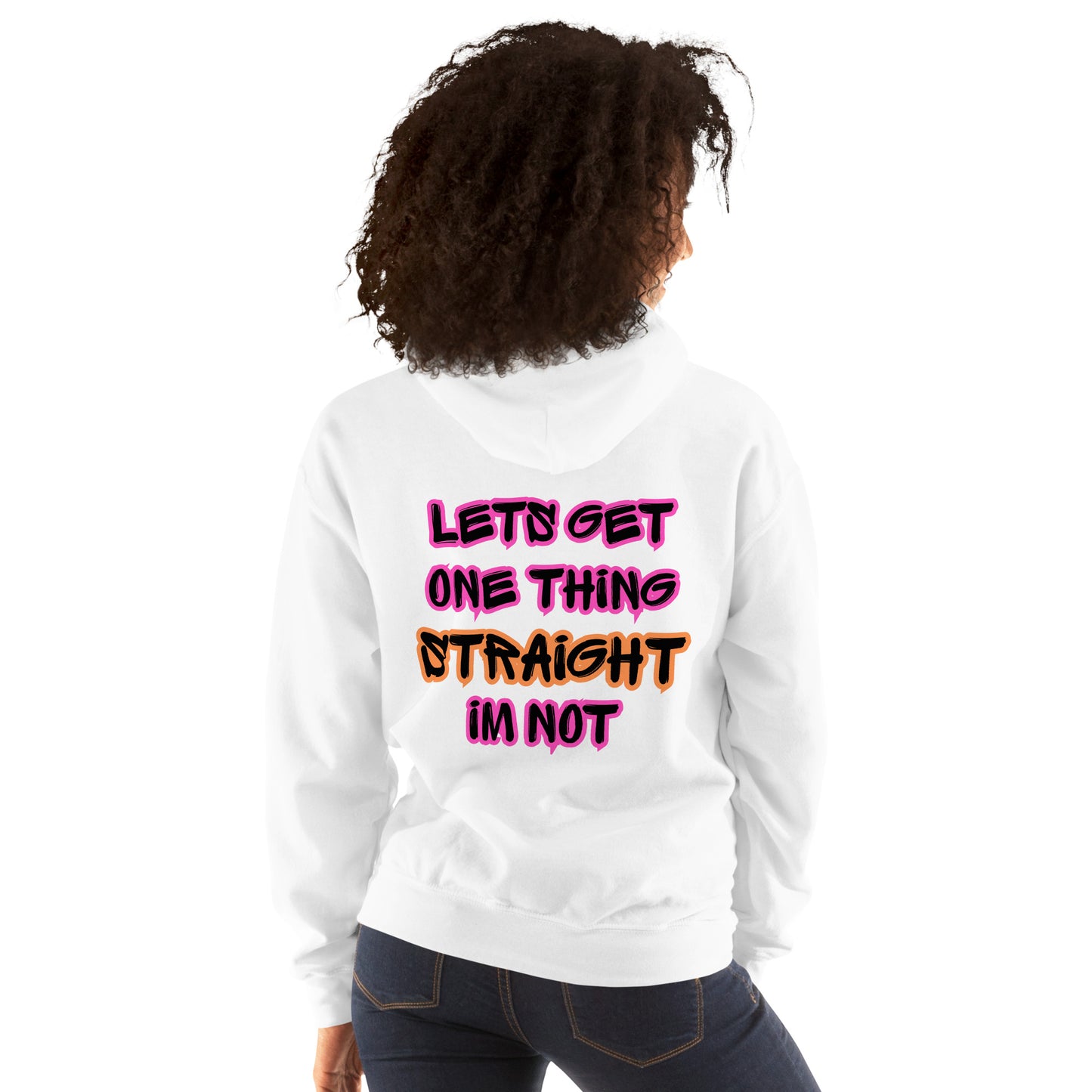 Femme Pride 2026 Unisex Hoodie in white, back view — rainbow Femme arch on the back, Femme Bar Worcester MA