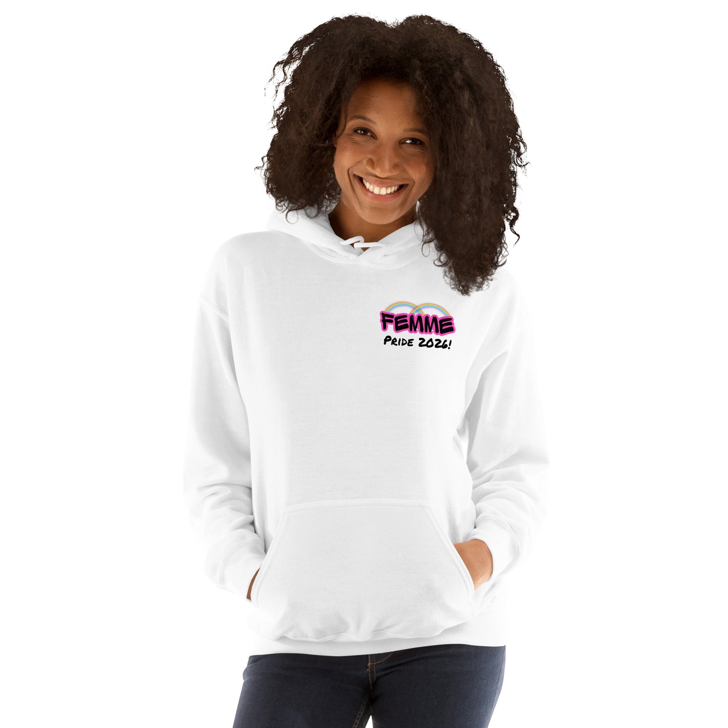 Femme Pride 2026 Unisex Hoodie in white, front view — rainbow Femme Bar branding, Femme Bar Worcester MA