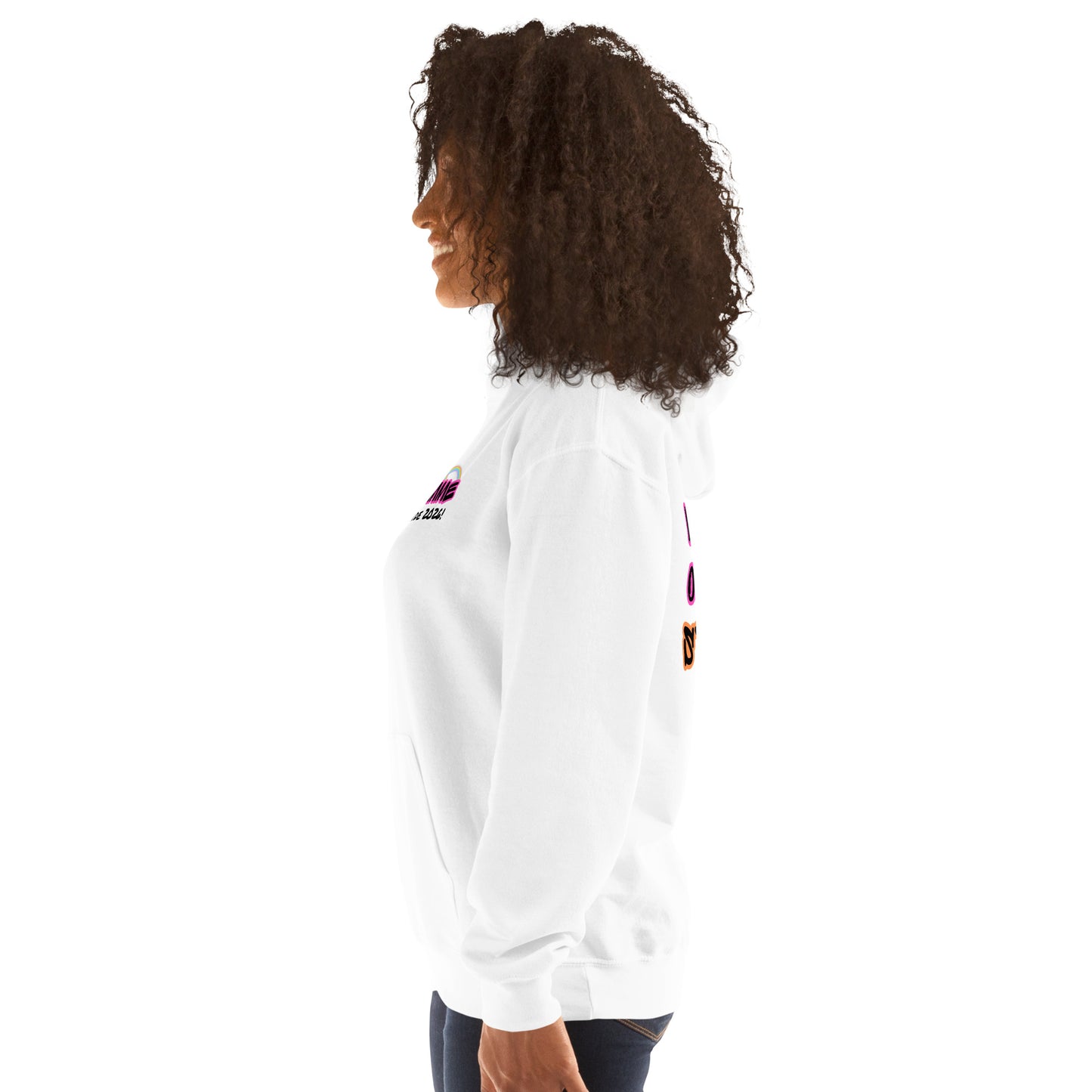 Femme Pride 2026 Unisex Hoodie in white, left side — lesbian pride clothing, Femme Bar Worcester MA