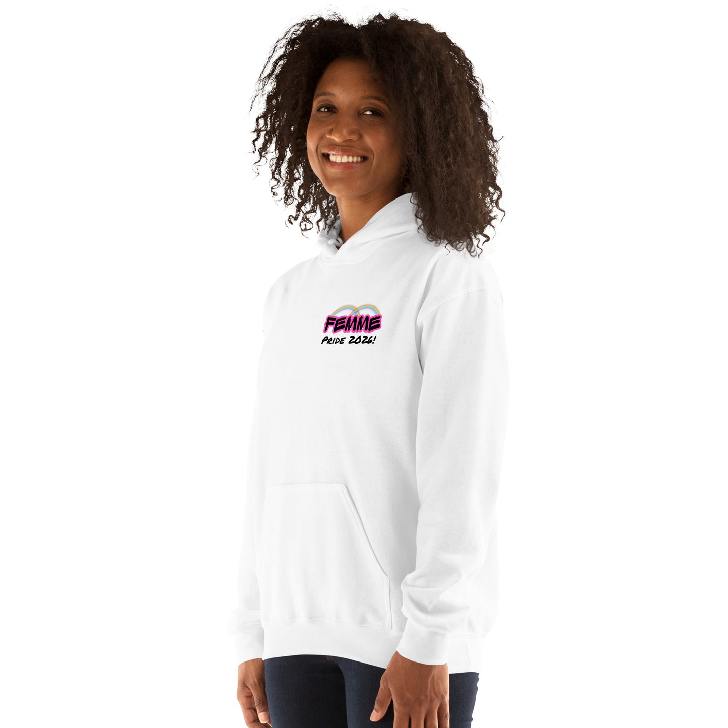 Femme Pride 2026 Unisex Hoodie in white, front left angle — queer pride hoodie, Femme Bar Worcester MA