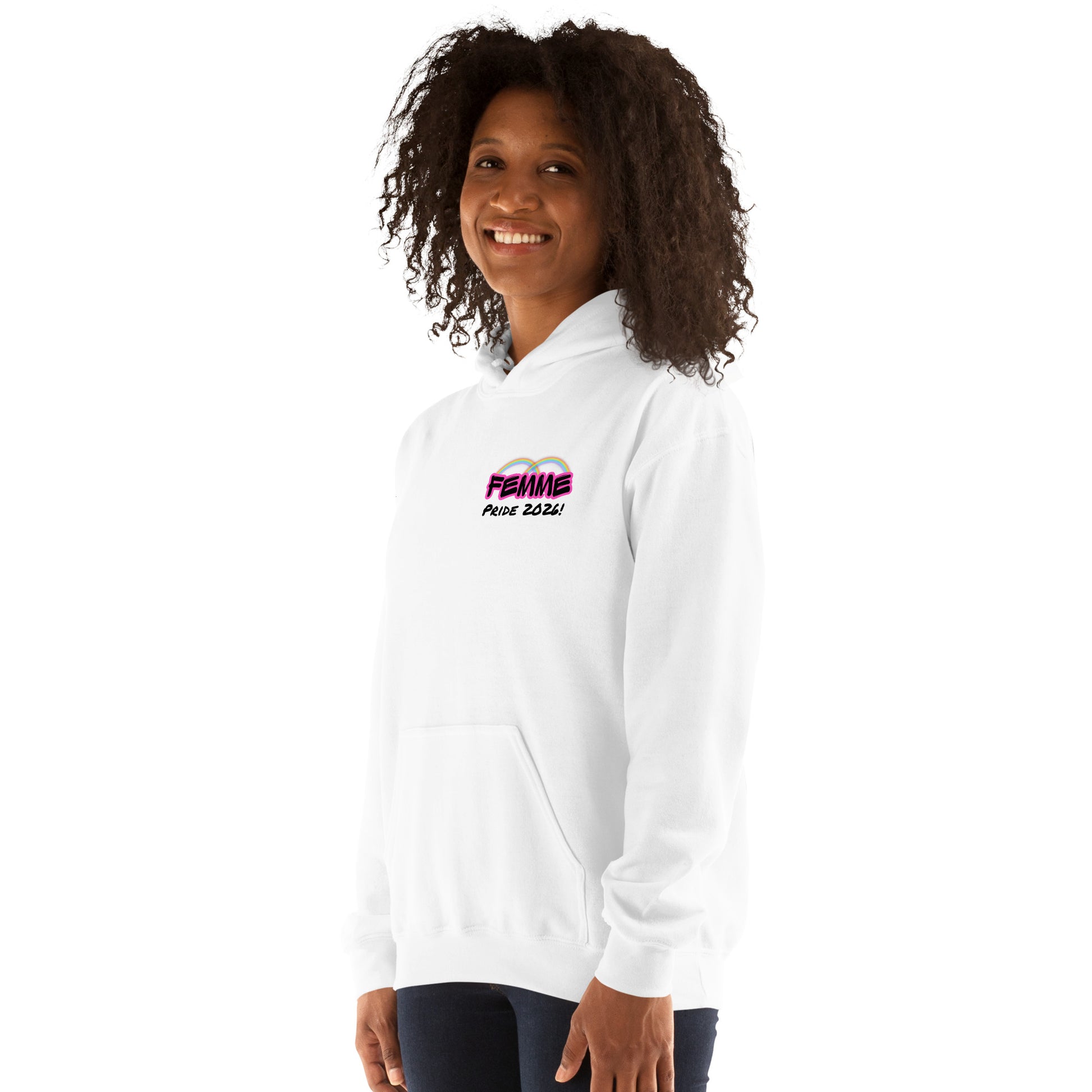 Femme Pride 2026 Unisex Hoodie in white, front left angle — queer pride hoodie, Femme Bar Worcester MA